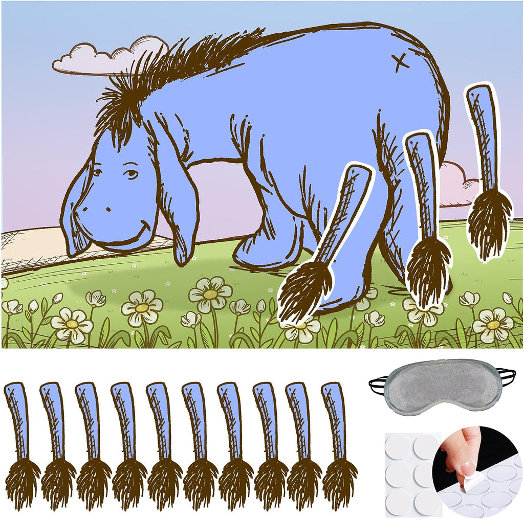 Winnie Pin The Tail On Eeyore Donkey Fun Party Game for Pooh Baby Shower Birthday Decorations, Pin The Tail On Donkey Poster with 20 Tail Stickers and Blind Fold.