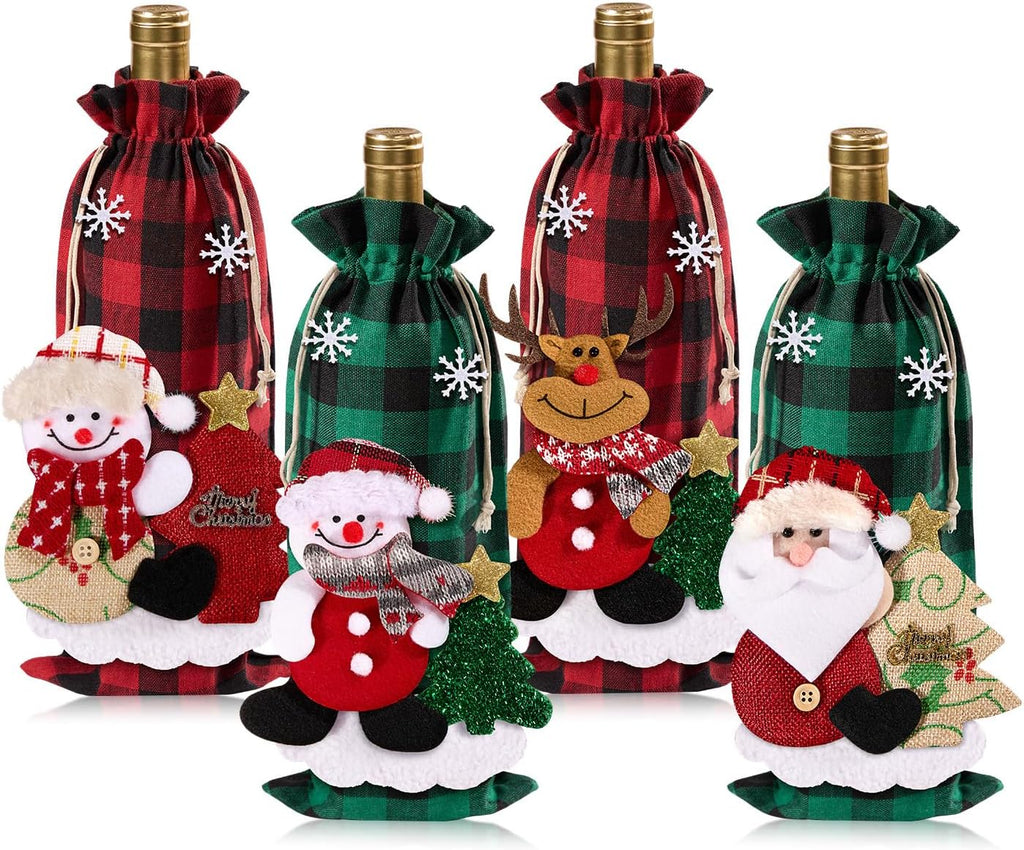 Swooflia Christmas Wine Gift Bags - 4 Pcs Classic Checkered Wine Bottle Bag with 3D Dolls Reusable Xmas Bottle Cloth Wrapping Sleeves with Drawstring Cute Holiday Party Decoration