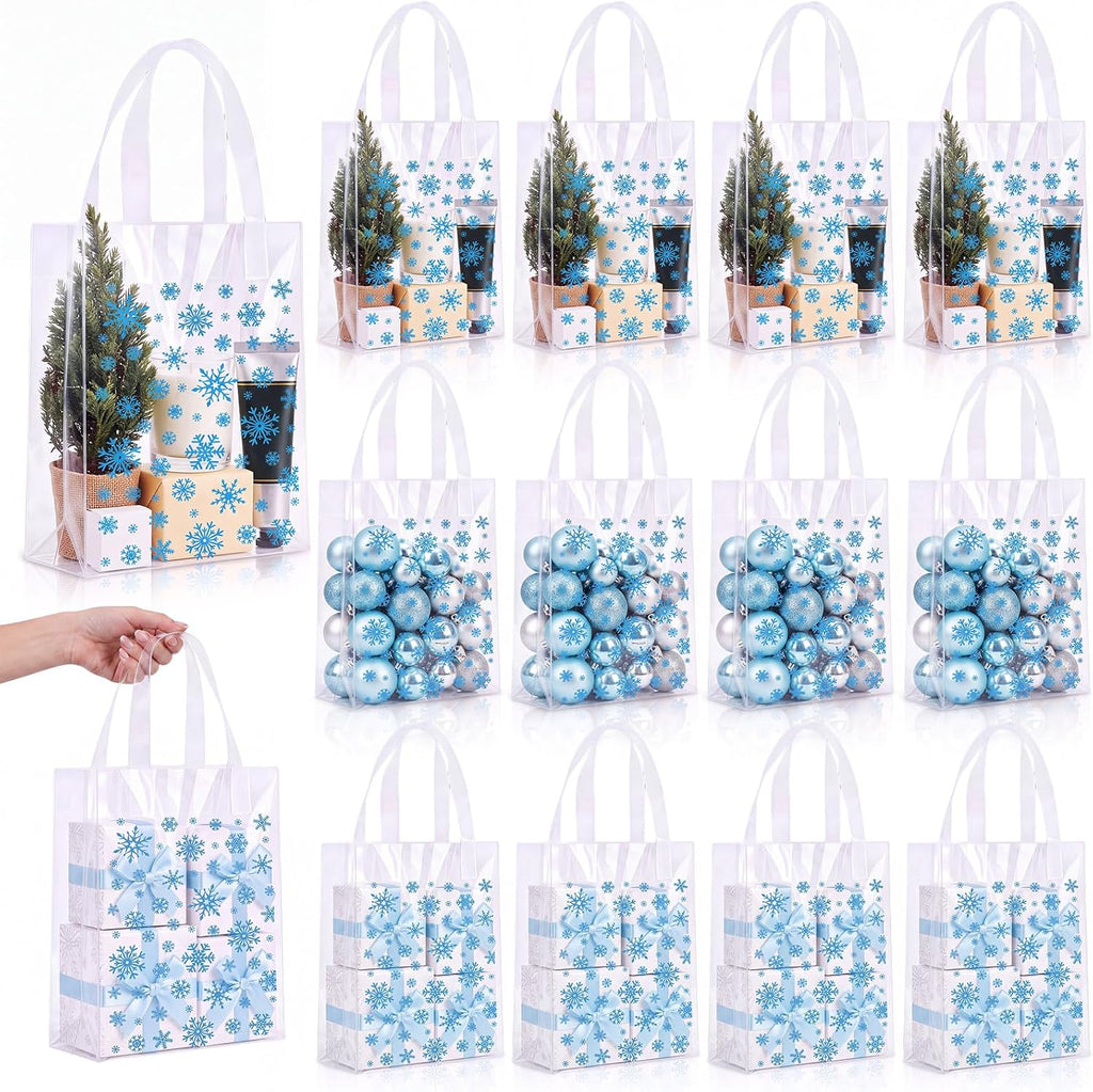 Pajean 25 Pcs Winter Plastic Gift Bags with Handles, Blue Snowflake Pouches