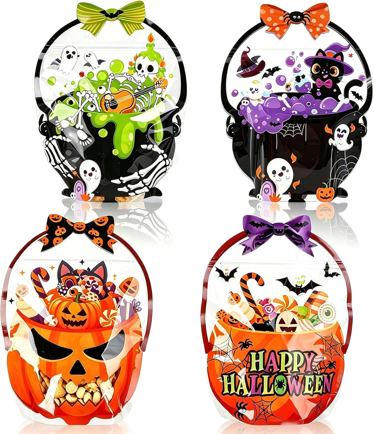 Halloween Treat Bags 24 PCS Plastic Flat Bottom Ziplock bags with Handle(7.3x10.4 Inch) Halloween Trick or Treat Bag Candy Goodie Snack Goody Gifts Wrap Pumpkin Ghost Spooky Party Favors Supplies