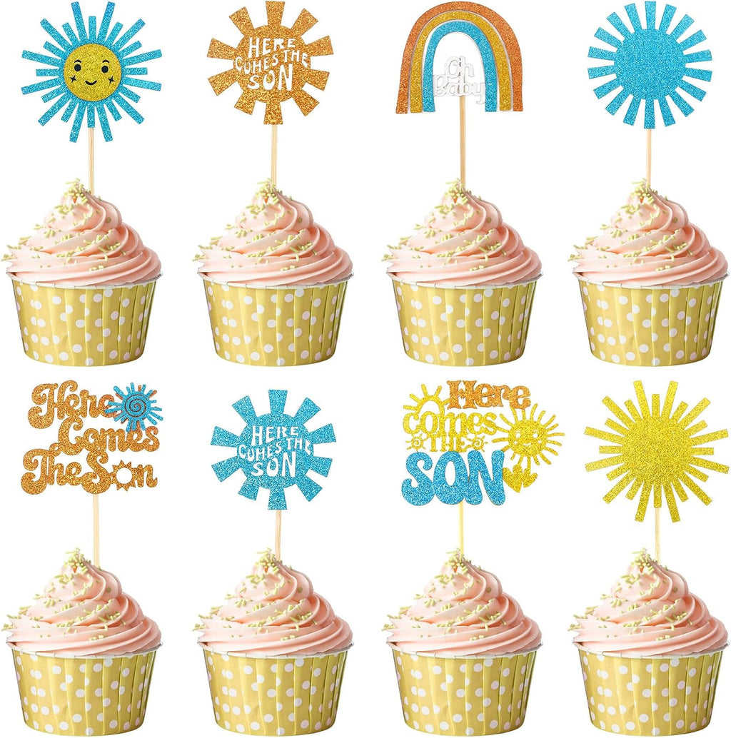 Here Comes the Son Cupcake Toppers, 48 PCS Here Comes the Son Baby Shower Decorations, Glitter Sun Themed Cupcake Party Decorations, Cupcakes Picks Food Picks for Baby Shower Party, Birthday, Wedding