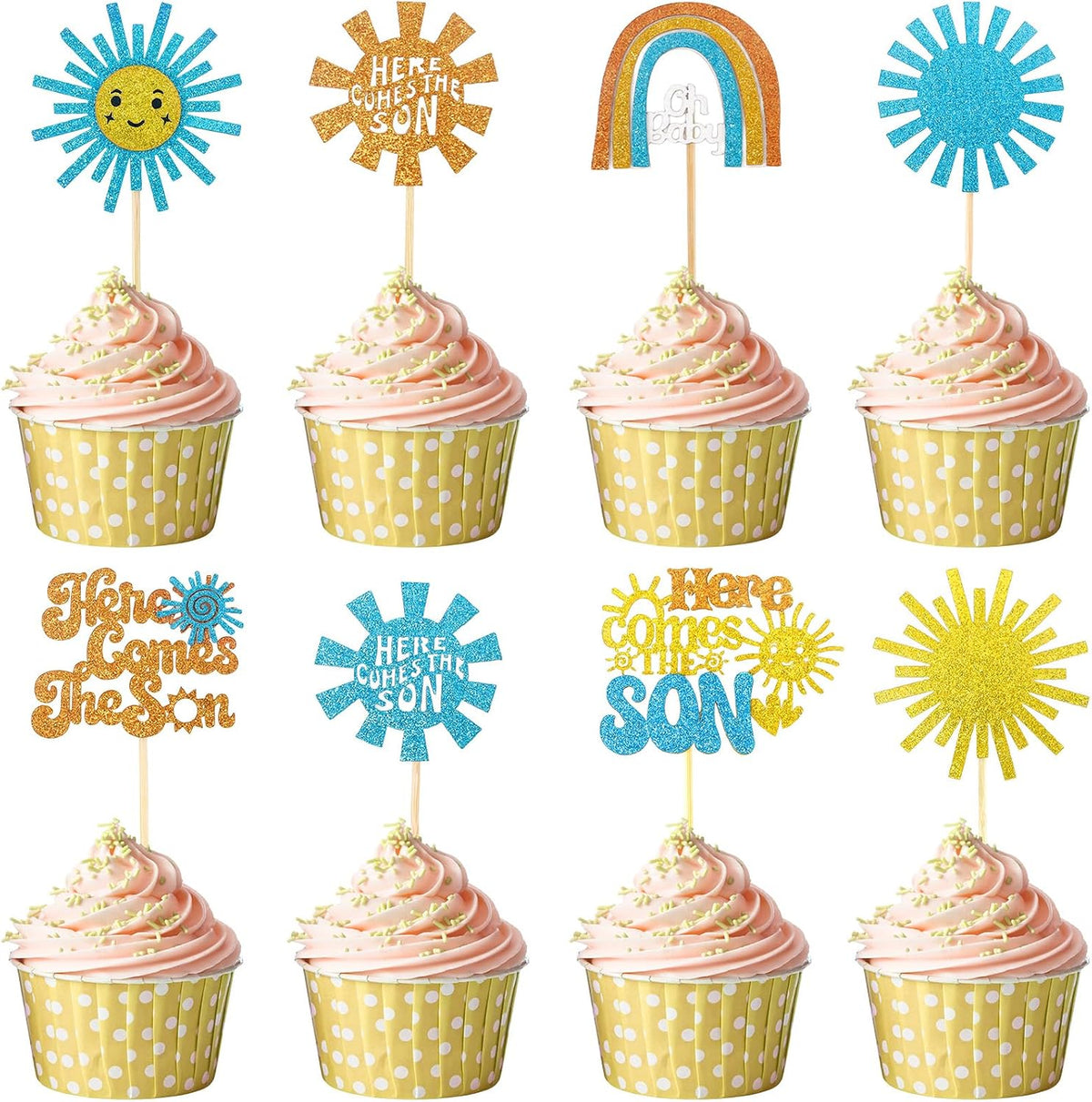 Here Comes the Son Cupcake Toppers, 48 PCS Here Comes the Son Baby Shower Decorations, Glitter Sun Themed Cupcake Party Decorations, Cupcakes Picks Food Picks for Baby Shower Party, Birthday, Wedding