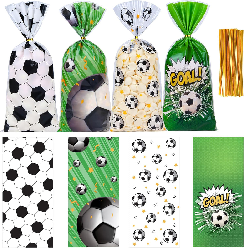 50 Pcs Soccer Cellophane Treat Bags - 5" x 11" Sports Themed Goodie Bags with 60 Gold Twist Ties, 4 Adorable Soccer Designs Clear Candy Bags for Soccer Birthday Party Favors, Team Celebration
