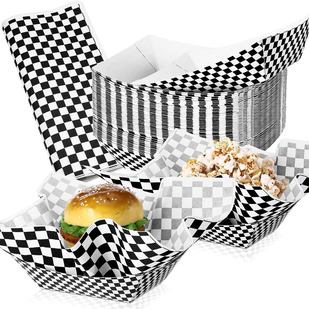 Geosar 100 Pcs Gingham Paper Food Tray with Wax Paper,Black White