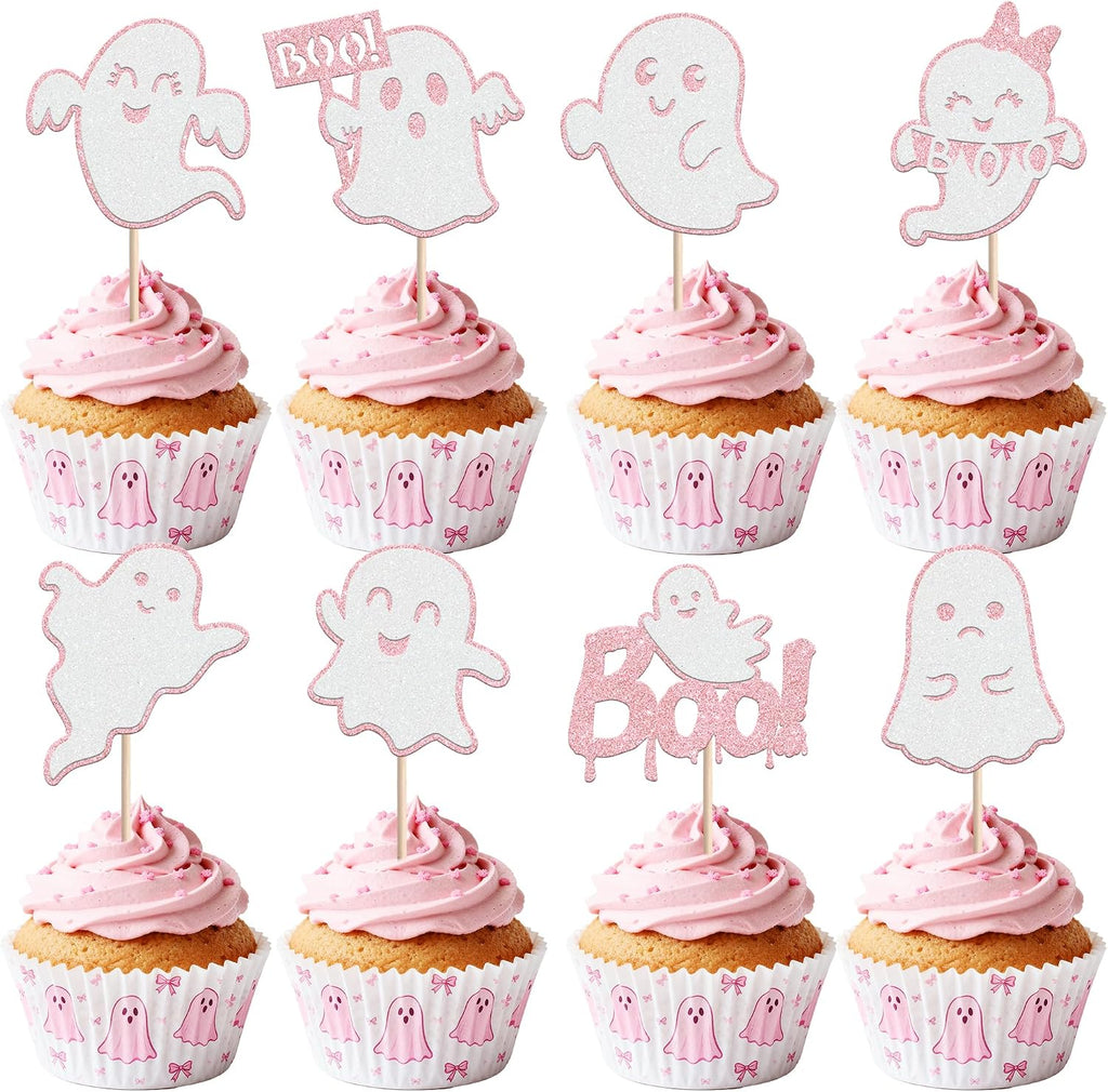 Rsstarxi 24 Pack Halloween Ghost Cupcake Toppers Glitter Pink Ghost Cupcake Picks Decorations for Happy Boo Day Birthday Baby Shower Halloween Party Cake Decorations Supplies