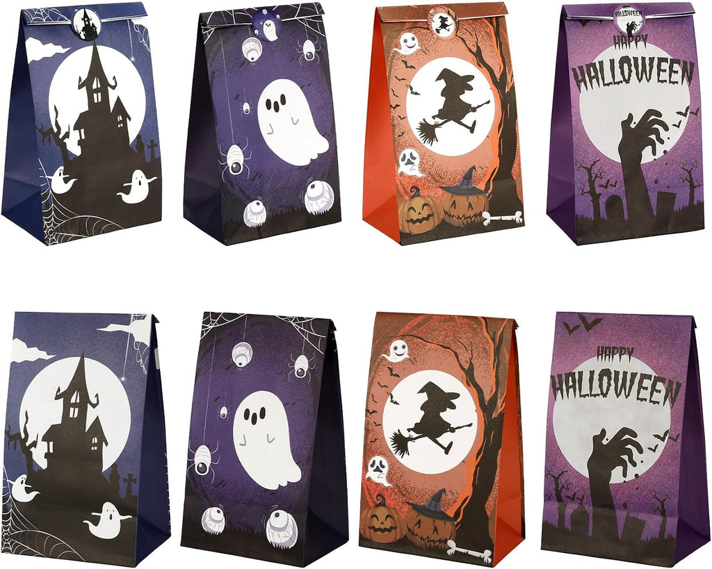 24 PCS Halloween Paper Bags with Stickers for Trick or Treat Snack Goodie Candy Gift Wrap Halloween Ghost Castle Spider Bat Witch Pouch Horror Theme Birthday Party Favors Supplies Decorations