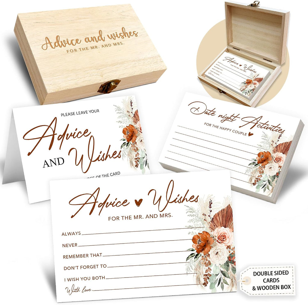 Boho Advice and Wishes for the Mr and Mrs - 50 Packs Wedding Advice Cards Bridal Shower Game Cards with Box Reception Guest Book for Bride Groom Newlywed Engagement Party Decoration -A08