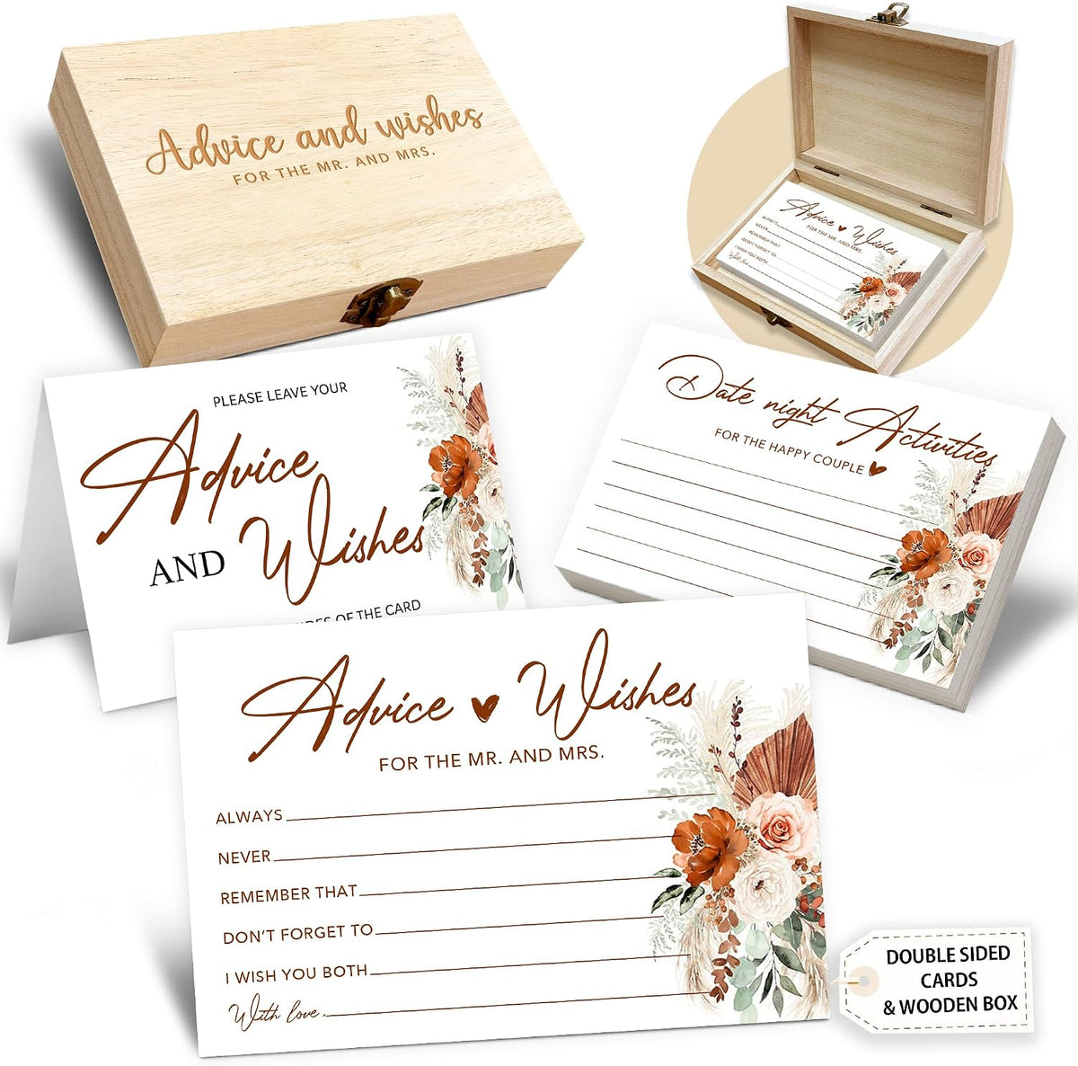Boho Advice and Wishes for the Mr and Mrs - 50 Packs Wedding Advice Cards Bridal Shower Game Cards with Box Reception Guest Book for Bride Groom Newlywed Engagement Party Decoration -A08