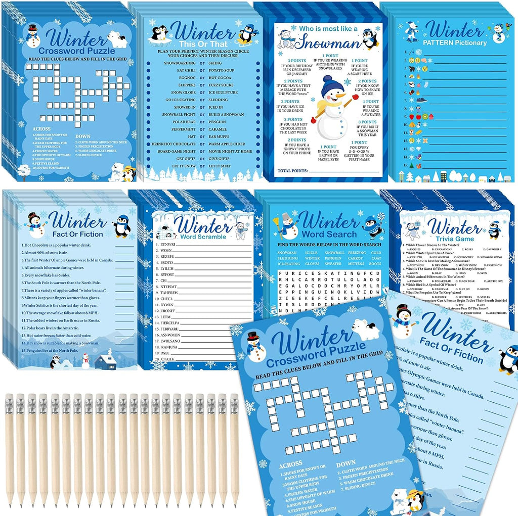 gisgfim 231Pcs Winter Party Games Cards Snowflake Snowman Trivia Word Search Scramble Maze Games Winter Christmas Holiday Party Supplies for School Classroom Family Activity Birthday Favor