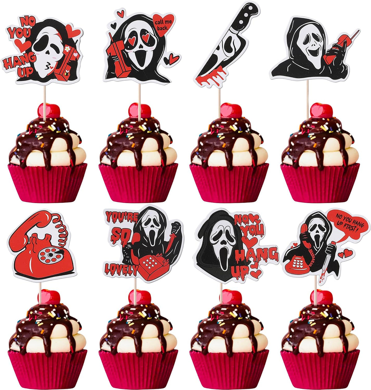 Rsstarxi 40 Pack Horror Movie Scam Cupcake Toppers Telephone No You Hang Up Killer Birthday Cupcake Toothpicks for Halloween Horror Movie Theme Birthday Party Cake Decorations Red