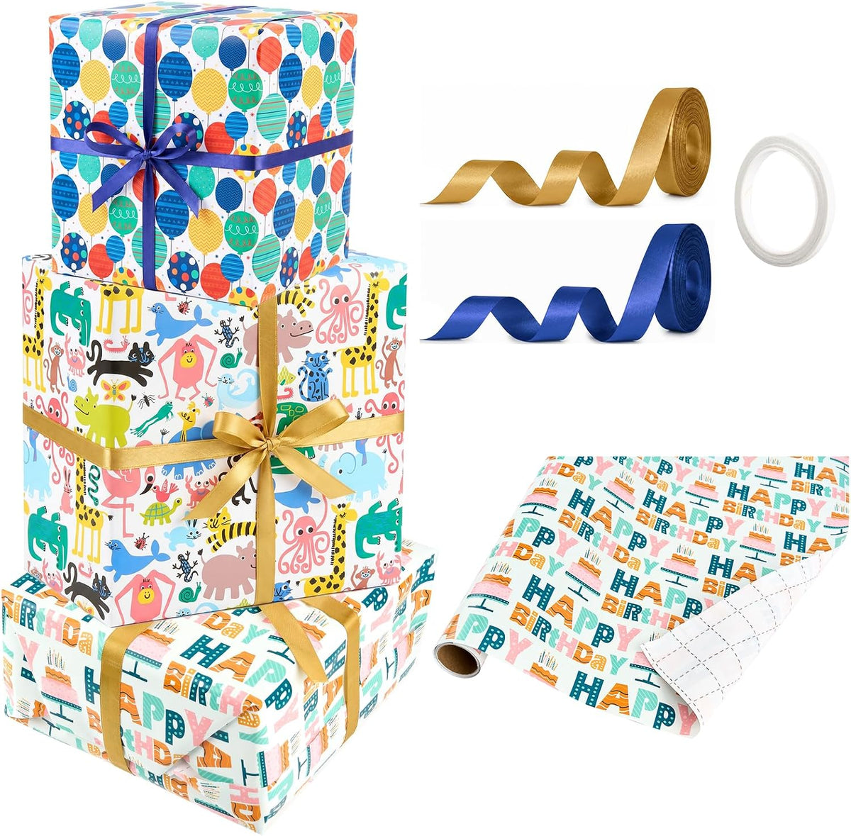 Bafeil Happy Birthday Wrapping Paper Roll Set 3 Roll with Cutting Line