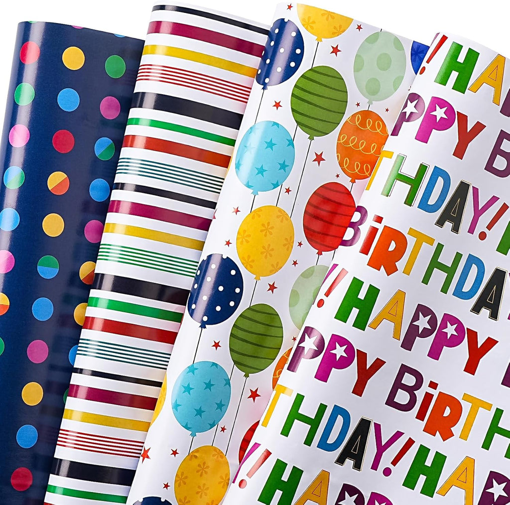 WRAPAHOLIC Birthday Wrapping Paper Sheet - 12 Sheets Folded Flat - Colorful Happy Birthday and Balloons 4 Design for Boys Girls Kids Birthday, Baby Shower - 19.7 inch x 27.5 inch Per Sheet