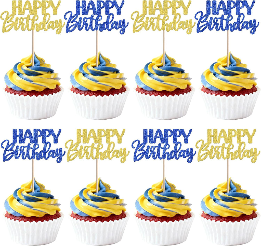 30 PCS Happy Birthday Cupcake Toppers Glitter Happy Birthday Cupcake Picks for Celebrating Anniversary Theme Christmas Party Cake Decorations Supplies Gold Blue