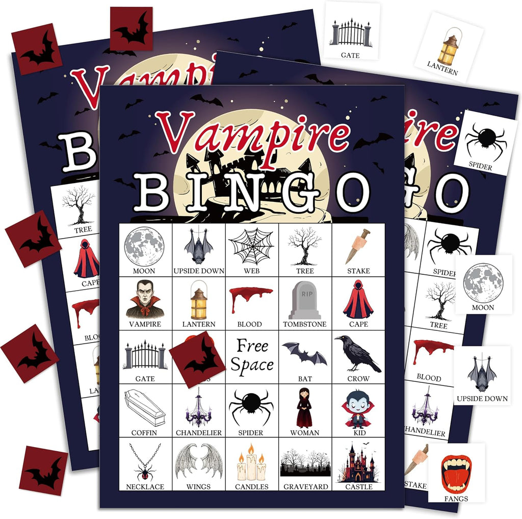 Vampire Bingo Game, Fun Halloween Party Game Cards for Adults, 24 Players Horror Activities for Family Friends, Large Scary Family Party Supplies Favor Decor, (003)