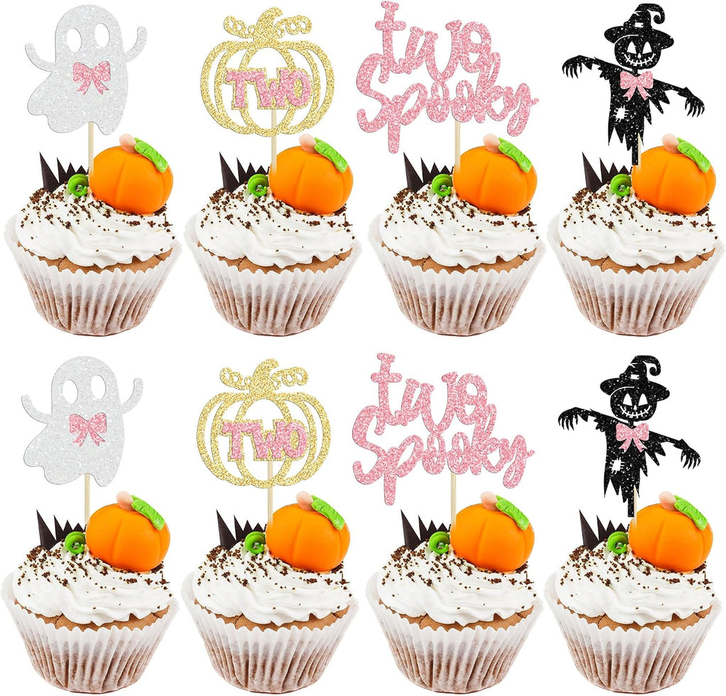 Gyufise 24 Pcs Halloween Spooky Cupcake Toppers - Pink Glitter Ghost, Pumpkin, Girl & More for Kids Birthday Party Supplies