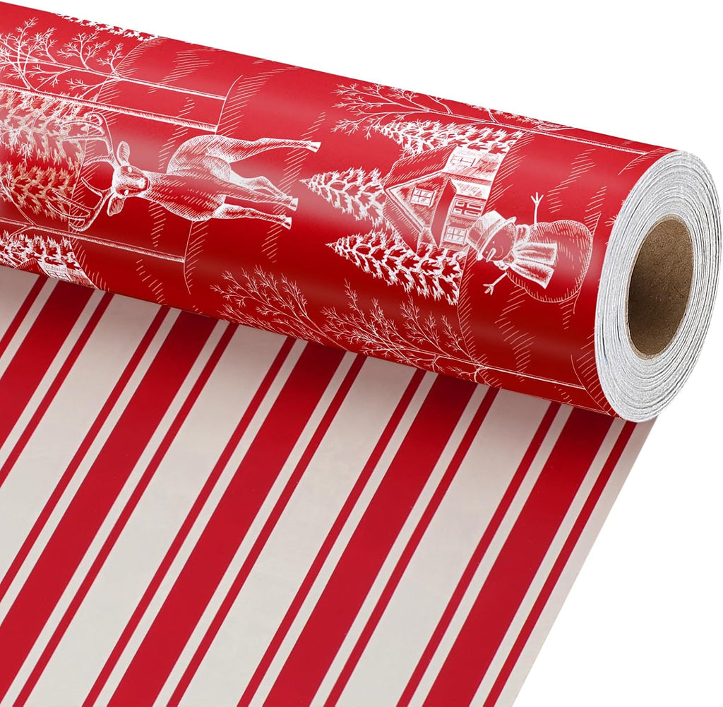 LaRibbons Red Christmas Wrapping Paper, Vintage Deer Winter Toile Design