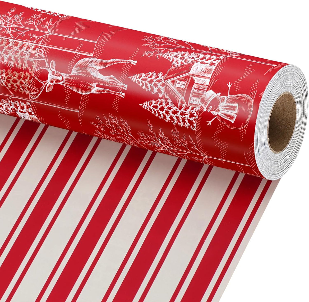 LaRibbons Red Christmas Wrapping Paper, Vintage Deer Winter Toile Design