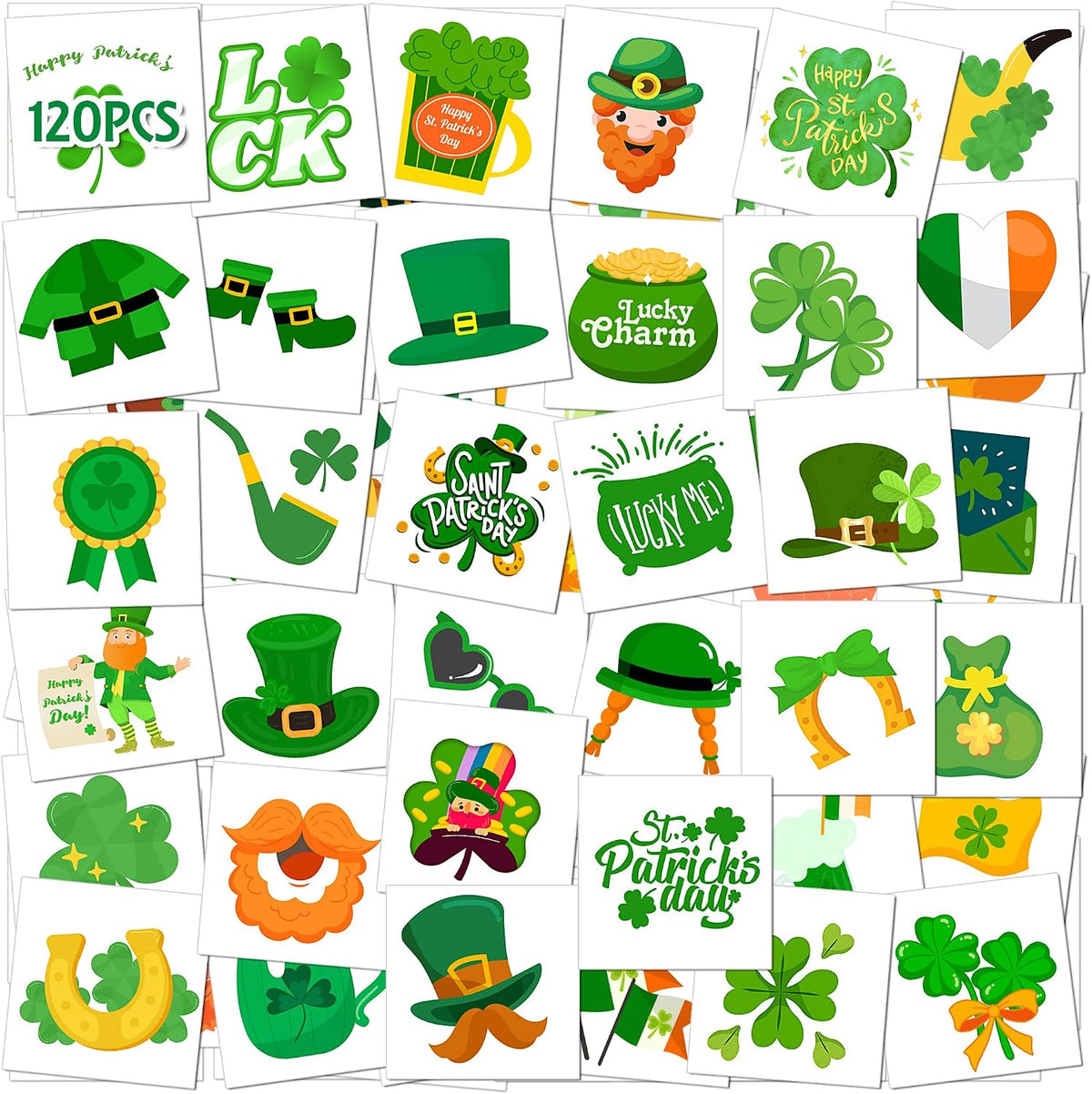 St. Patrick's Day Temporary Tattoos for Kids & Adults, 120 Irish Shamrock, Leprechaun, Gold Coins, Beer Mug Designs Waterproof & Easy to Apply Party Favors for Parade, School, Photo Booth, Cosplay
