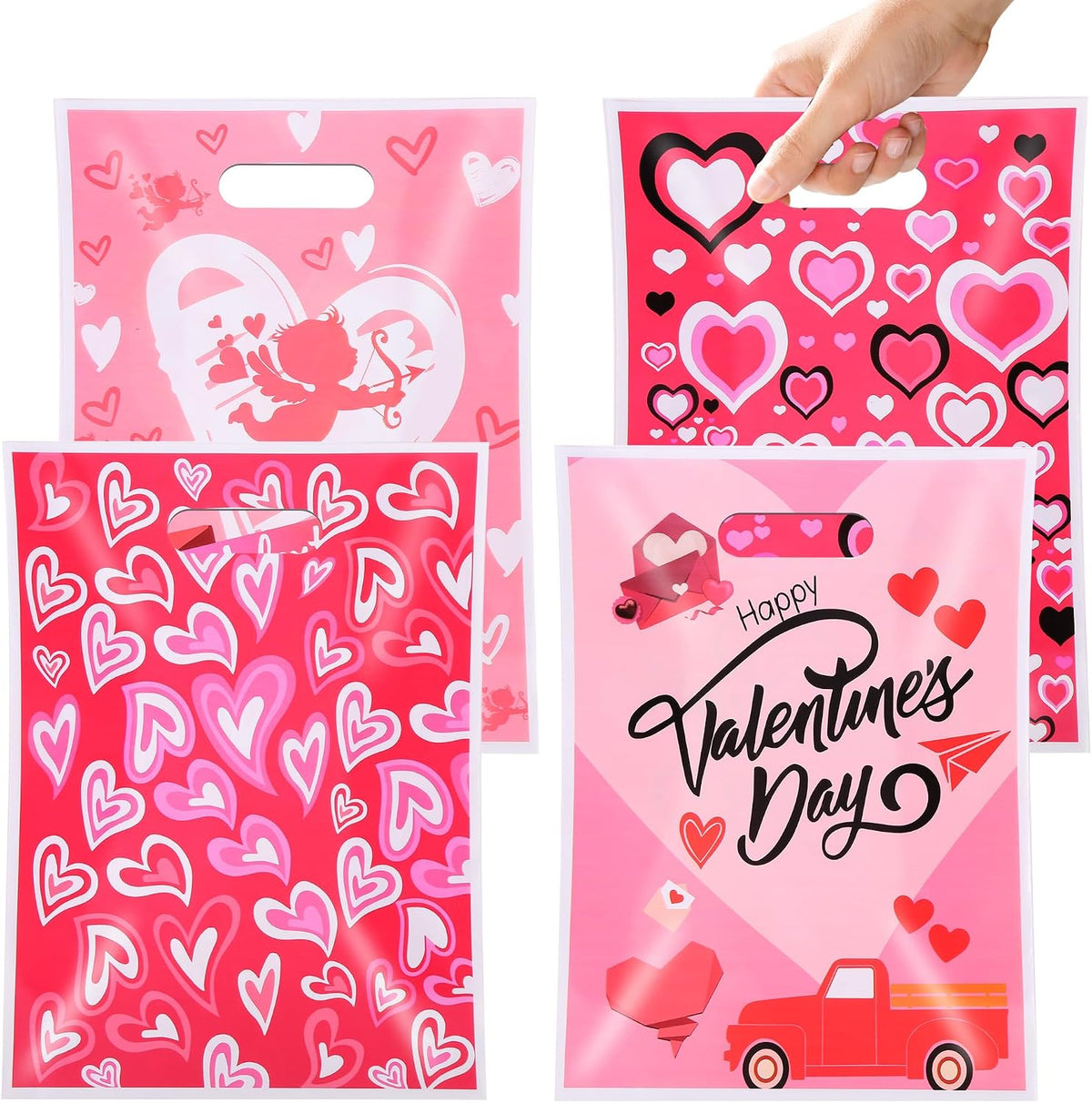 EUVBOKW 100Pcs Valentine's Day Treat Bags with Handle, Heart Shaped Goodie Bags for Candy, Wedding Baby Shower Favors