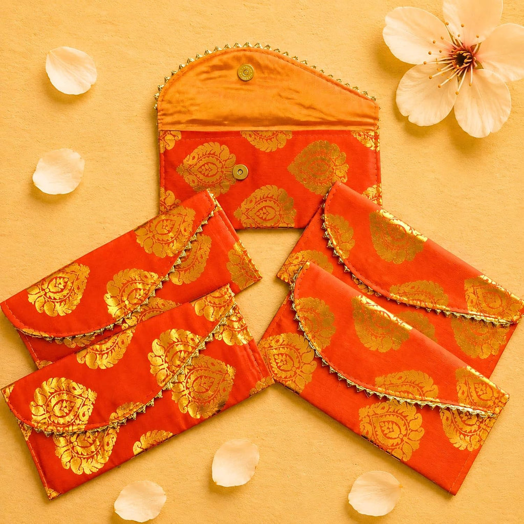 LoveNspire Brocade Fabric Money Envelopes (8 x 4 Inch) Decorative Floral Pattern Shagun Lifafa for Indian Wedding, Birthday | Cash Gift Holder & Home Savings Organizer Orange/Pack of 5