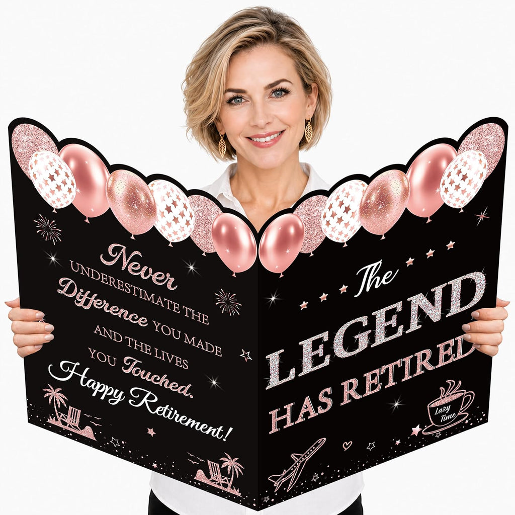 WNINK Jumbo Retirement Card for Women, Black Rose Gold Happy Retirement Guest Book with Envelope, Large Farewell Signing Card, The Legend Has Retired Decorations Gift