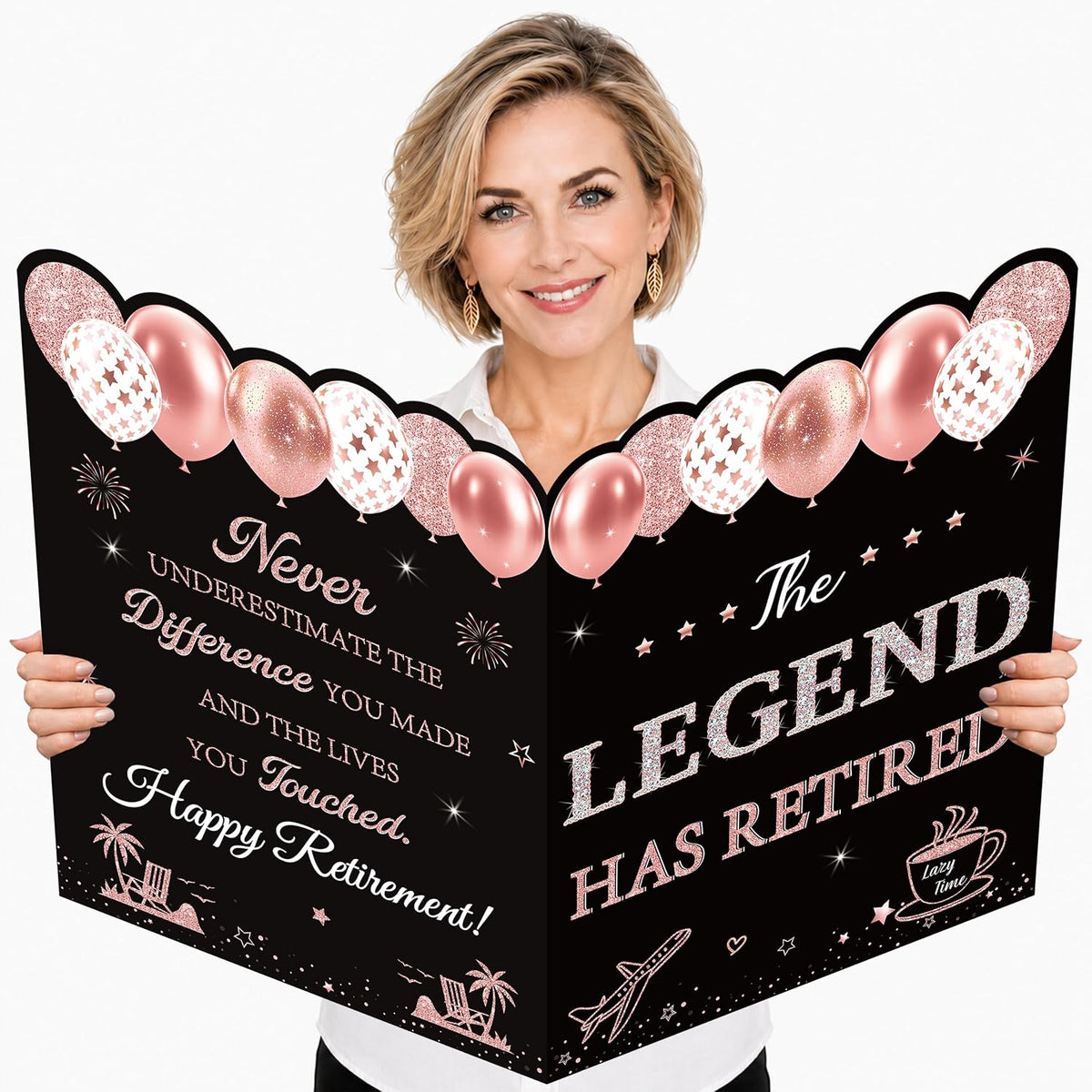WNINK Jumbo Retirement Card for Women, Black Rose Gold Happy Retirement Guest Book with Envelope, Large Farewell Signing Card, The Legend Has Retired Decorations Gift