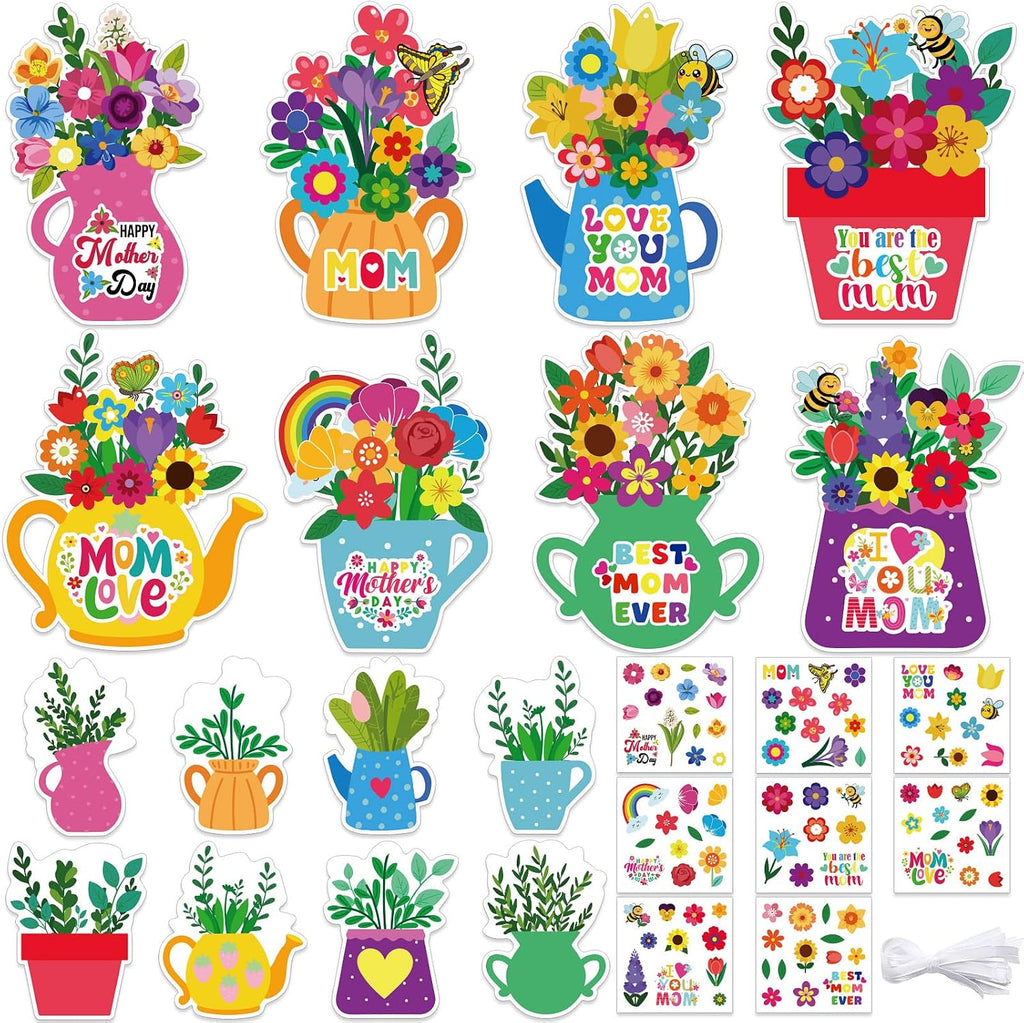 JUNEBRUSHS Mother's Day Card Craft Kit, 32 Floral DIY Craft with Stickers Mother's Day Hanging Ornament for Classrooms Office Festival Decor Gifts for Mom Ladies Grandma