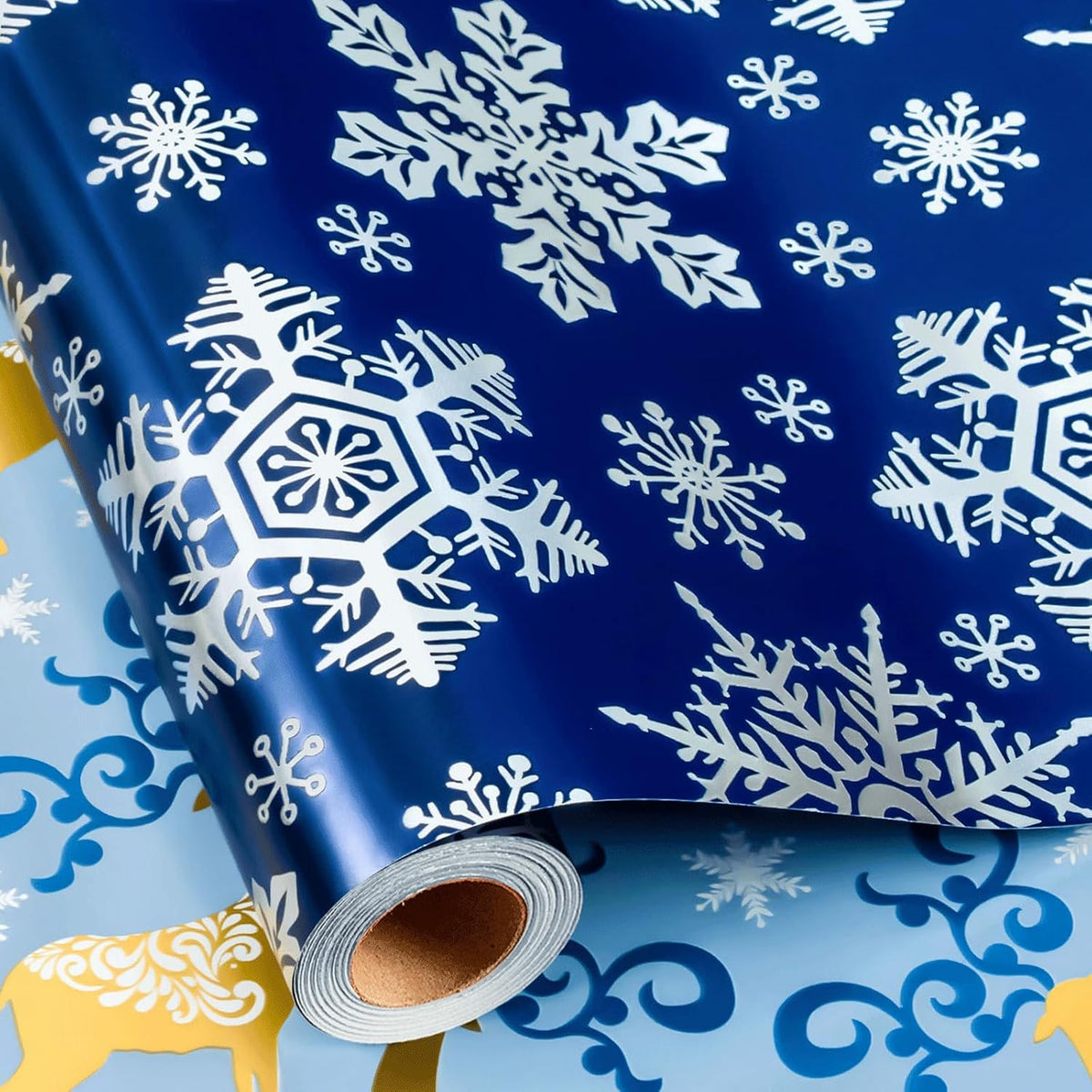 Yarcony Blue Christmas Wrapping Paper Roll, Snowflake Wrapping Paper, Navy Blue and White Snowflake, Deer Winter Theme Christmas Gift Wrap for Holiday, Gift Packaging (Mini Roll, 17 Inch X 33 Feet)