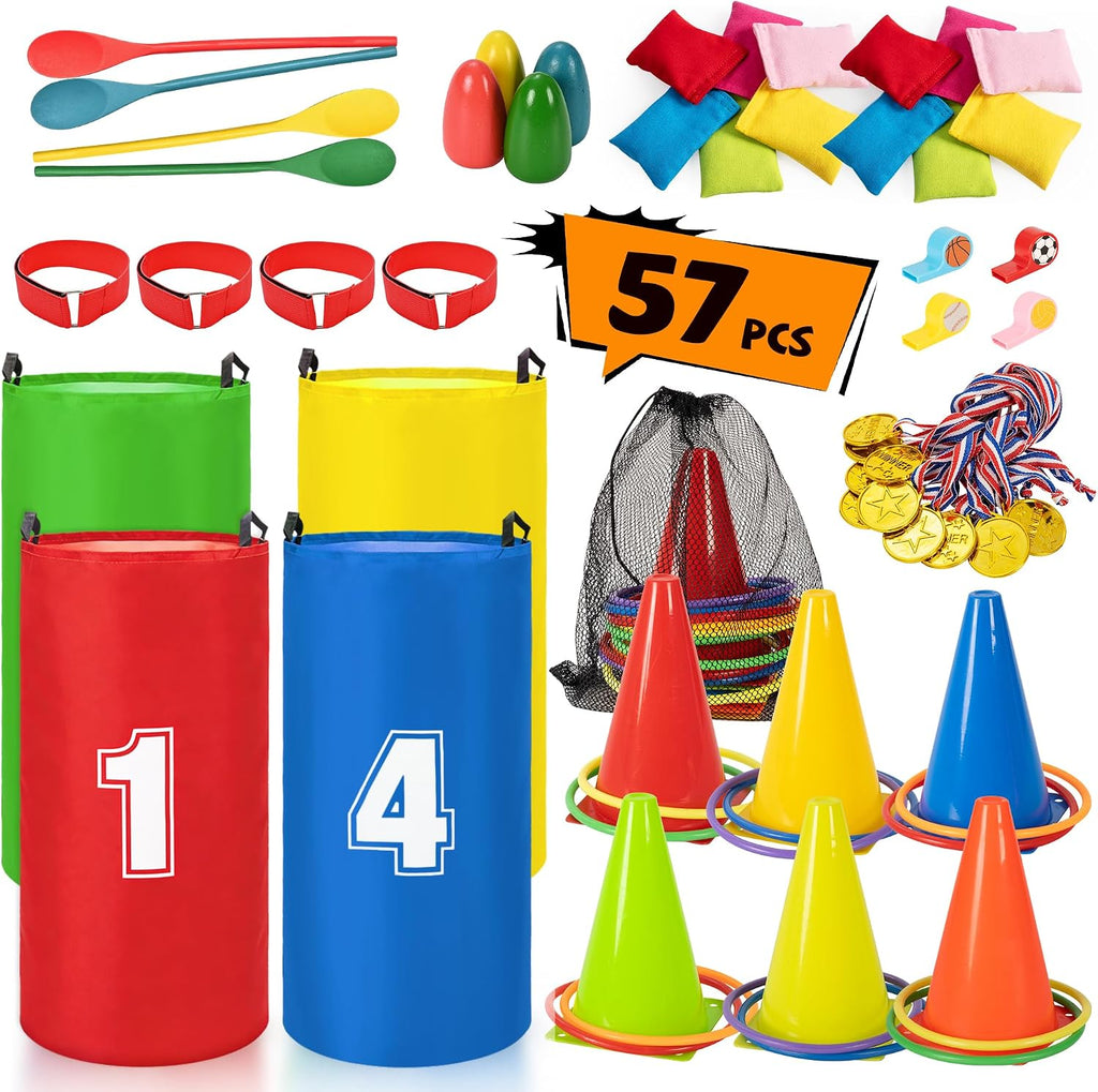 ropoda Field Day Games, Outdoor Carnival Games Potato Sack Race Bags for Adults and Kids, Bean Bags, Soft Plastic Cones,Ring Toss Set,Egg and Spoon Race, Outdoor Games Easter
