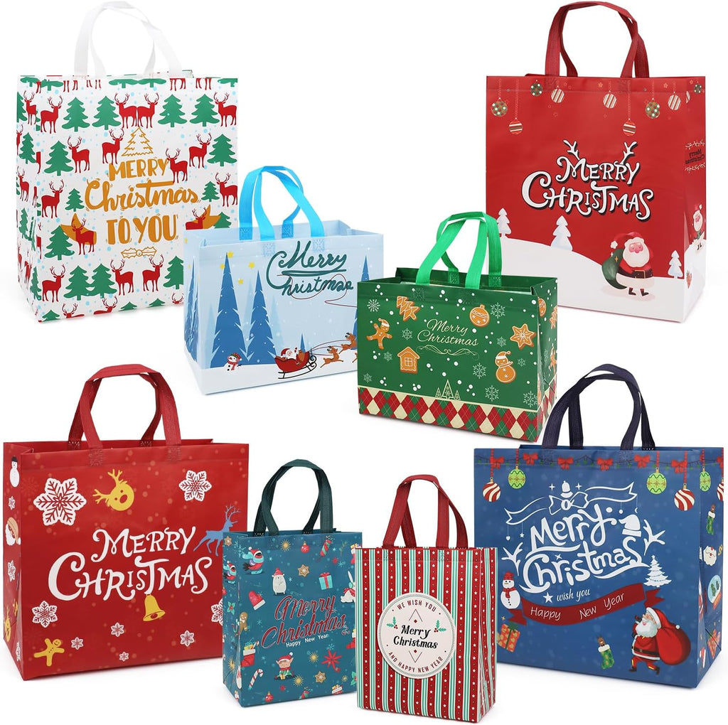 PARSUP 16PCS Christmas Gift Bags with Handles, Assorted Sizes Tote for Treat, Non-Woven Christmas Bags for Gift Wrapping, Xmas Party Supplies