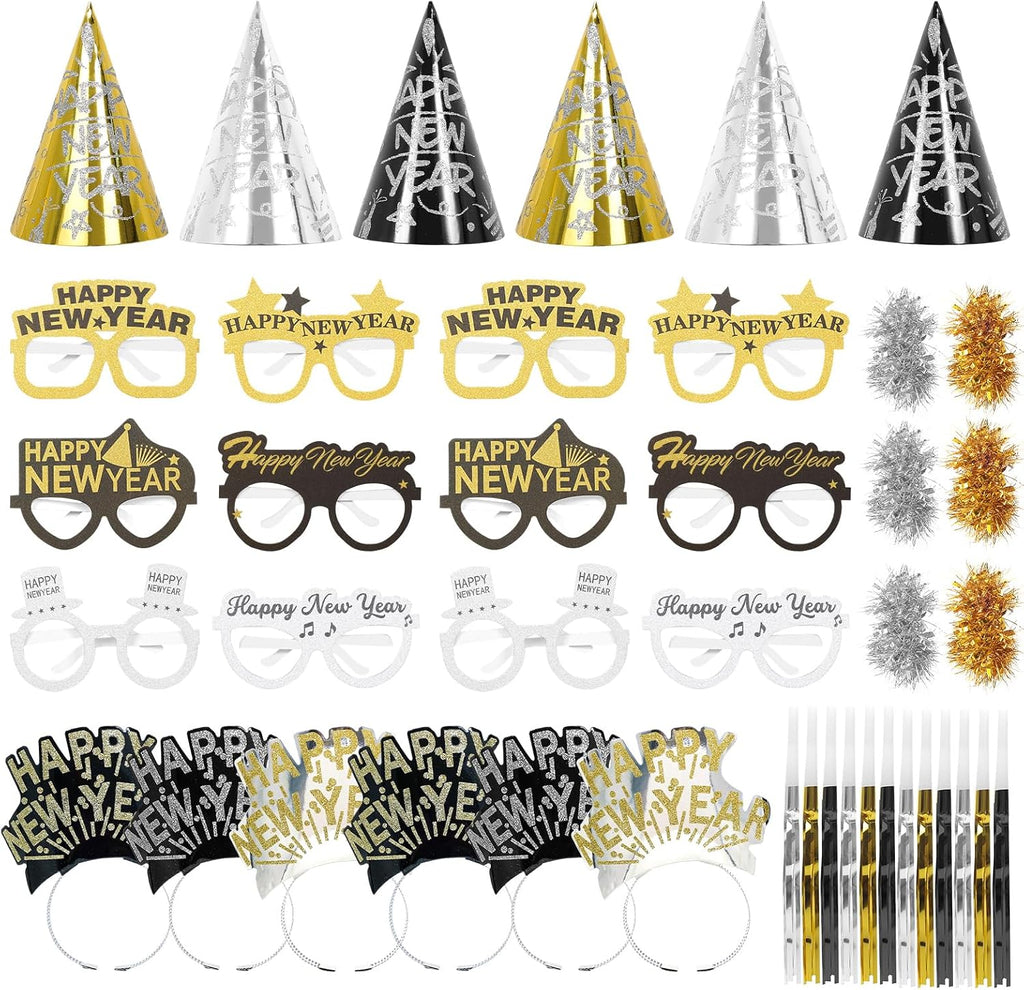 42 Pieces 2026 New Year's Eve Party Supplies Kit - Black Gold Silver Happy New Year Paper Glasses, Headband Tiaras, Cone Hats, Noise Makers for New years Eve Party Decorations