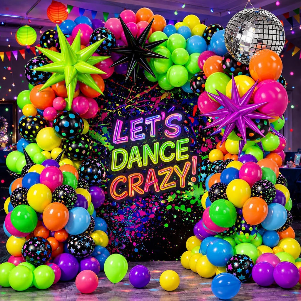 147PCS Neon Balloon Arch Garland Kit with Glow in the Dark Balloons for 80s 90s Disco, Rock and Roll, Birthday, Fiesta and Let's Glow Party Decorations