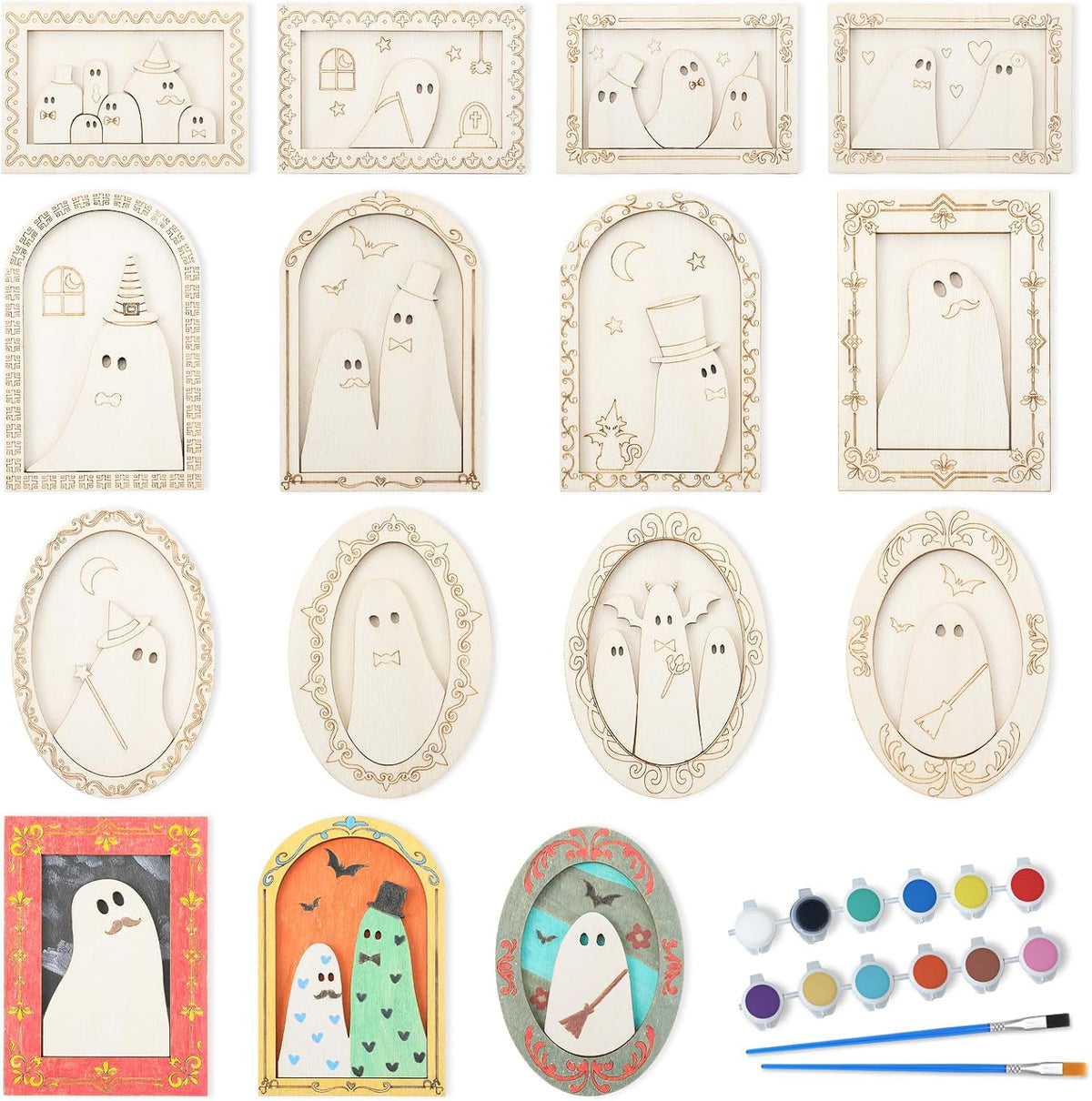 Simgoing 12 Set Adult Halloween Craft, Wood Ghost DIY Frame, Funny Style
