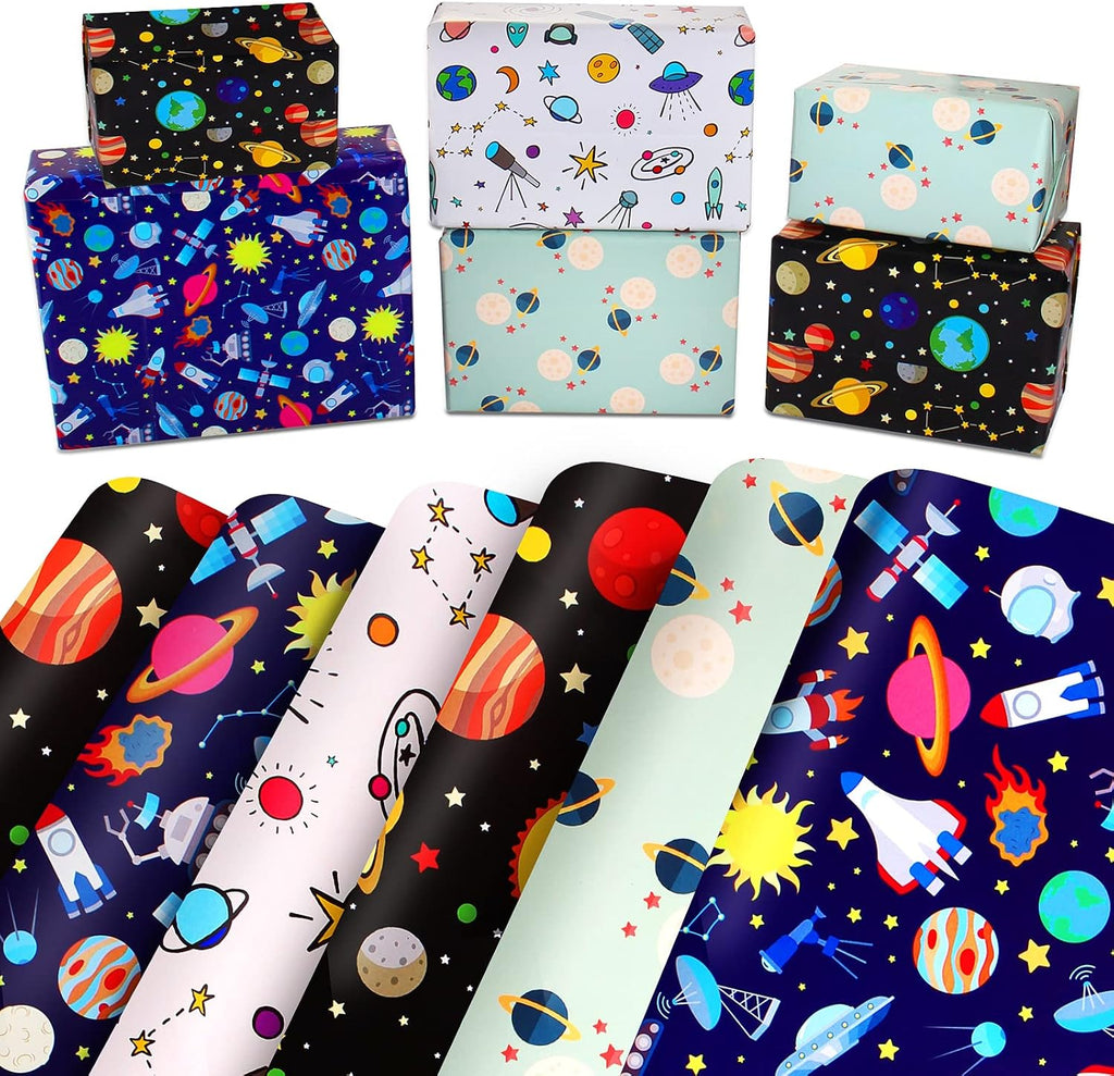 Space Wrapping Paper Birthday Wrapping Paper for Boys Girls,Gift Wrapping Paper Kids with Blue White Navy Birthday Paper for Present Wrapping Paper Sheets with Galaxy Spaceship Birthday Gift Wrap Set (6 Sheets 28"Lx20"W per Sheet)
