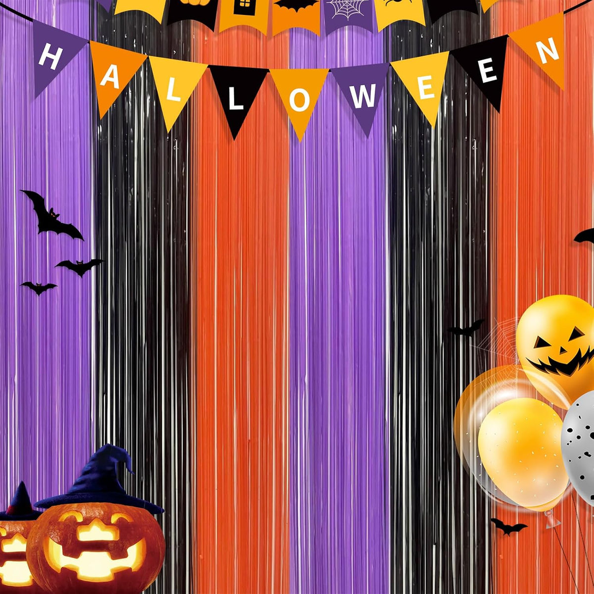 3 Pack Halloween Foil Fringe Curtains - 3.2ft x 6.6ft Black Purple Orange Foil Fringe Curtains Photo Booth Backdrop for Halloween & Birthday Party (Style B)