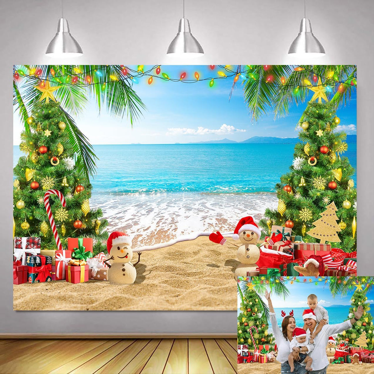 8x6ft July Christmas Backdrop Summer Beach Christmas Tree Photography Background Xmas Party Banner Tropical Hawaiian Holiday Decorations Supplies Photo Props