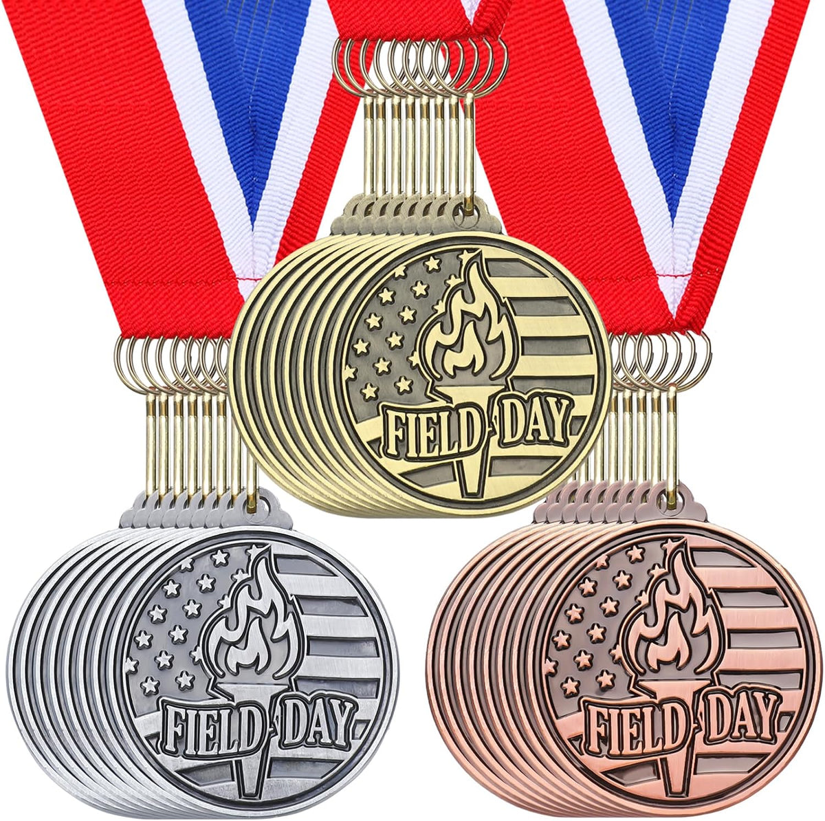 30 Pcs Award Medals 2" Gold Silver Bronze with Ribbon, Field Day