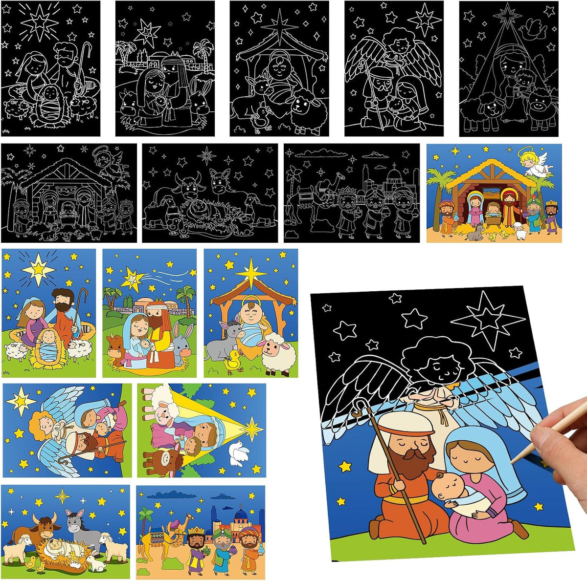 Marspark 24 Pcs Christmas Scratch Paper Nativity Art Crafts Bulk
