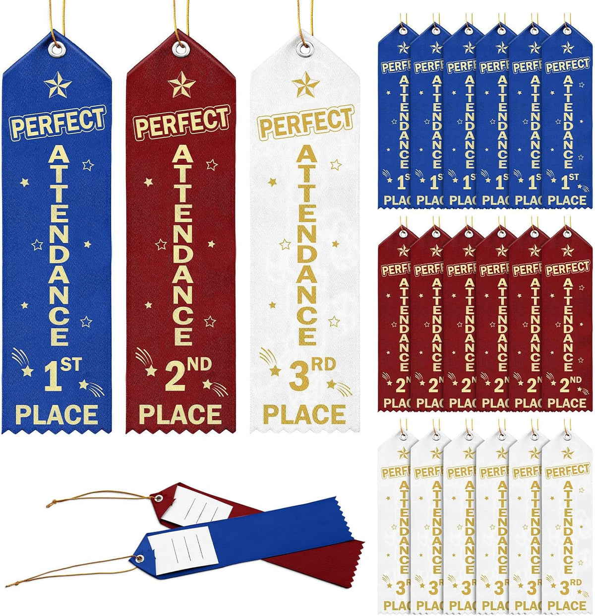Thiccywoov 90 Pcs Perfect Attendance Ribbons for 1st, 2nd, 3rd Place, 8" x 2" Perfect Attendance Award Ribbons with Event Card and String for Competition Contests School Office Team Contest Ornaments