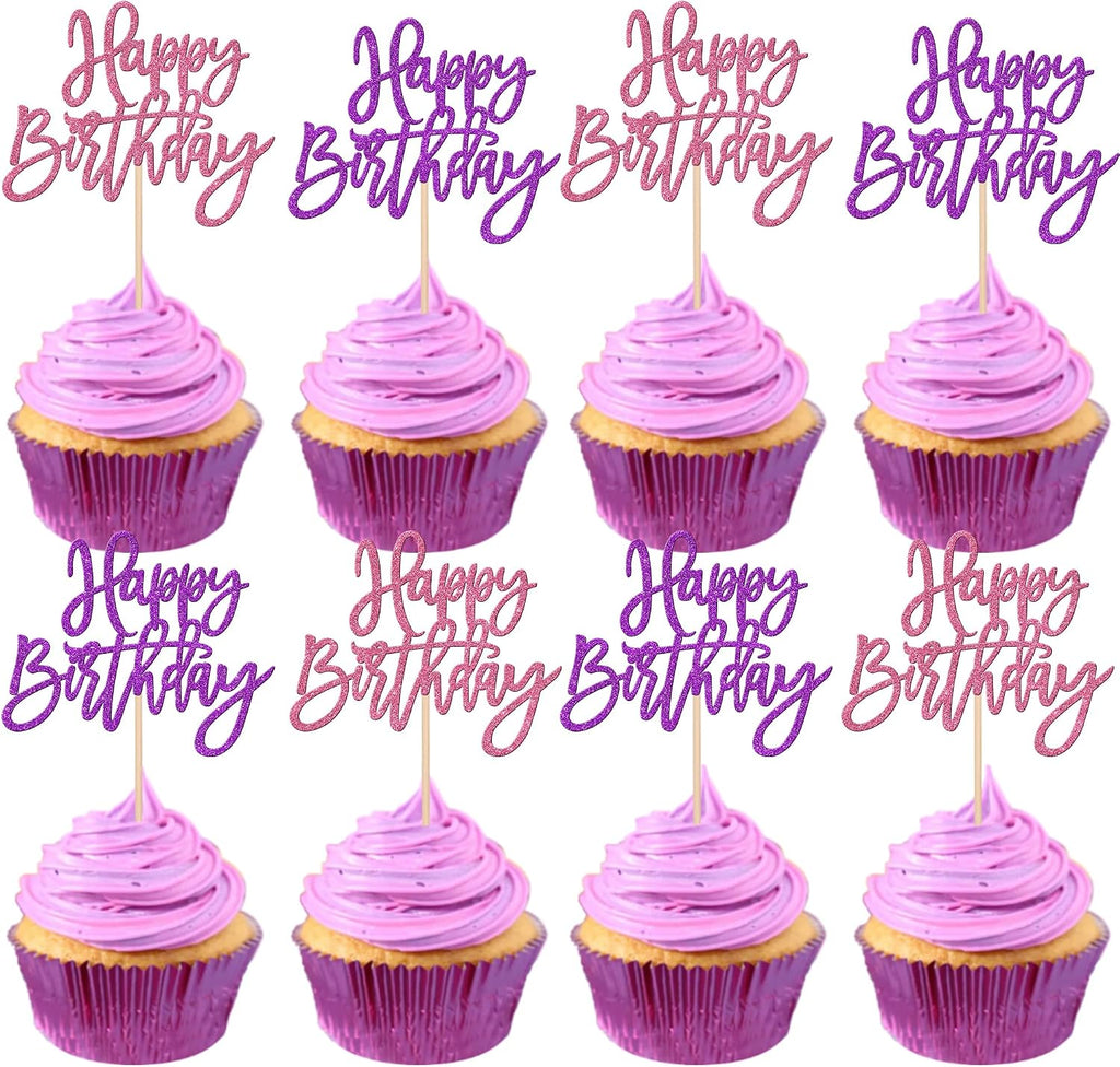 24 PCS Happy Birthday Cupcake Toppers Glitter Happy Birthday Cupcake Picks for Celebrating Anniversary Theme Party Cake Decorations Supplies Pink Purple