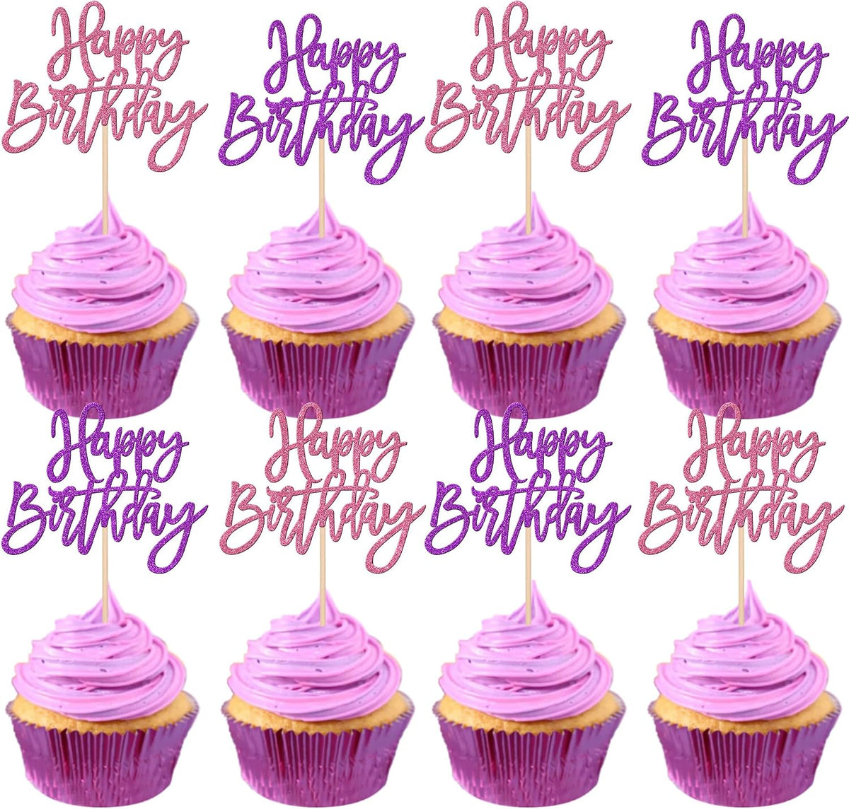 24 PCS Happy Birthday Cupcake Toppers Glitter Happy Birthday Cupcake Picks for Celebrating Anniversary Theme Party Cake Decorations Supplies Pink Purple