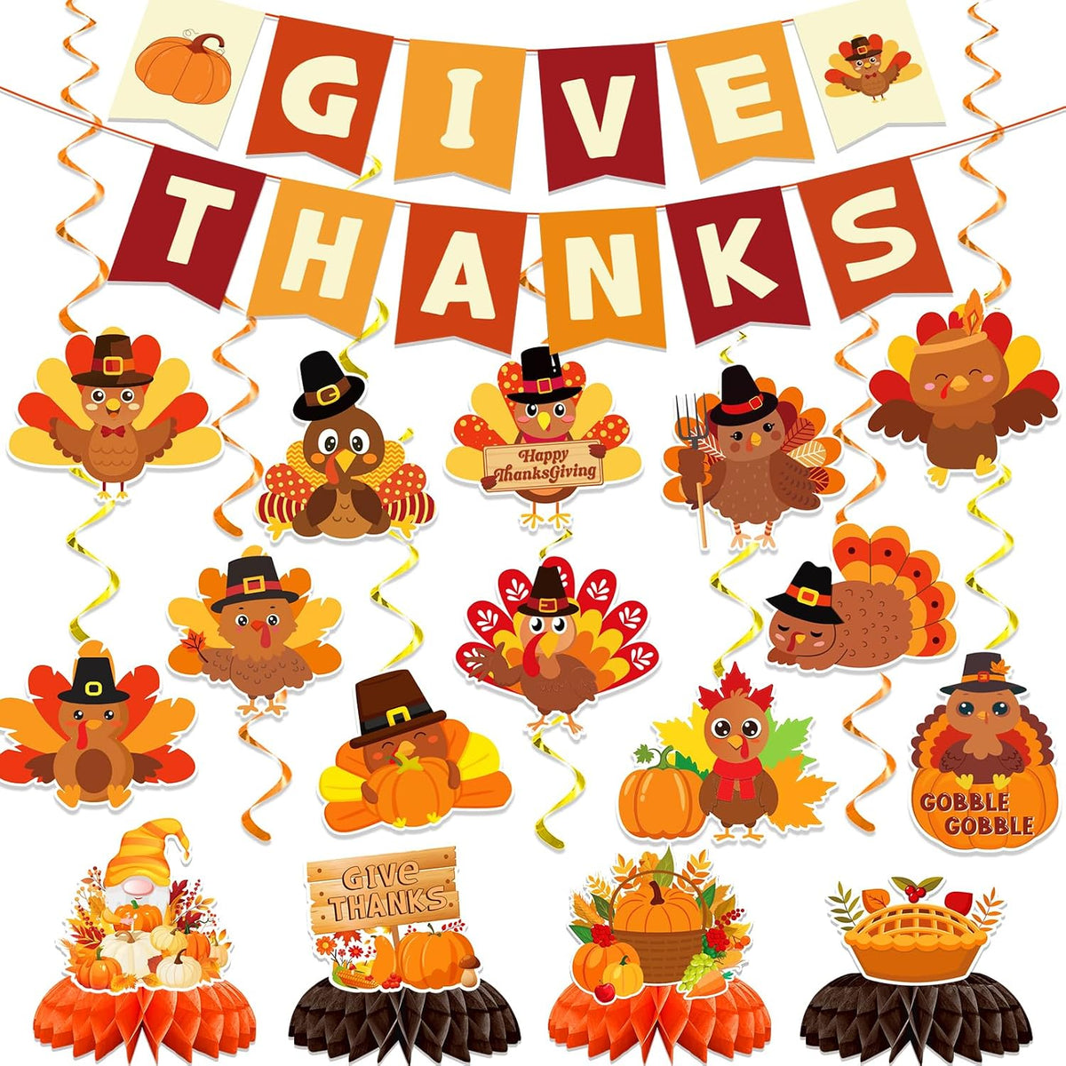 Thanksgiving Party Decorations, Thanksgiving Decorations Indoor Give Thanks Banner Hanging Swirls Centerpieces for Thanksgiving Party Supplies