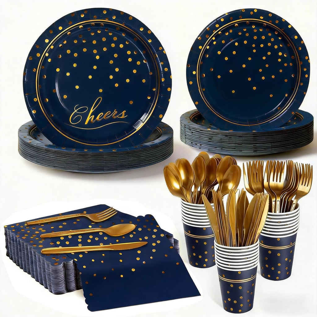 168Pcs Blue and Gold Paper Plates and Napkins Party Supplies for 24 Guest