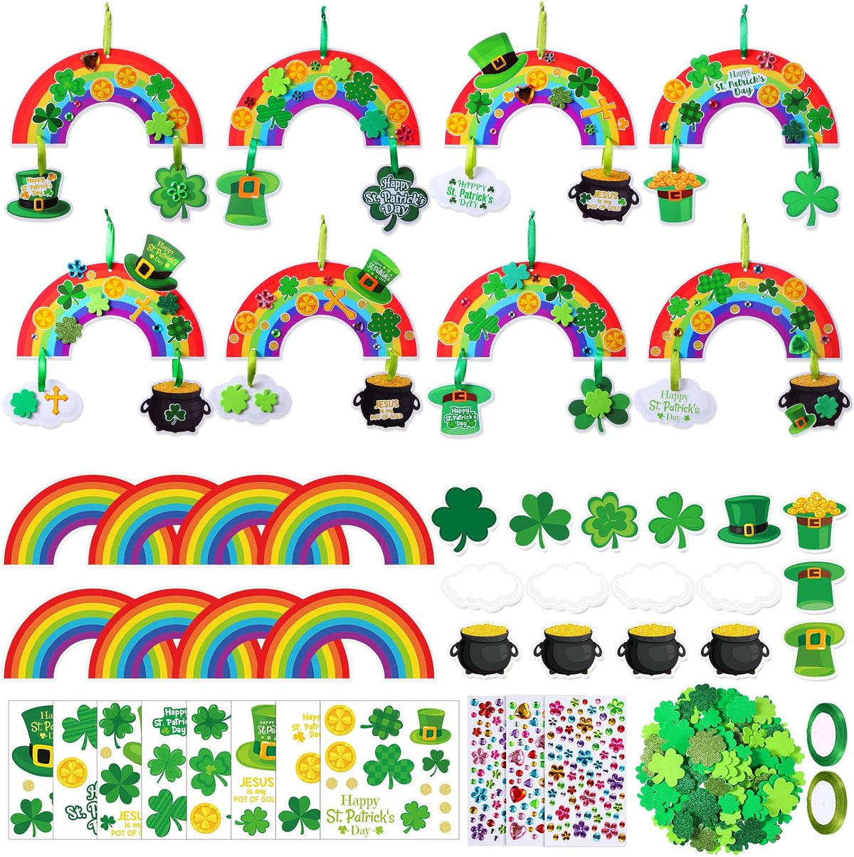 Funrous 48 Sets Crafts Kit Paper Crafts DIY Make Your Own Hanging Ornaments with Pompoms Diamond Stickers for Holiday Classroom Activities Party Favors, St. Patrick's Rainbow