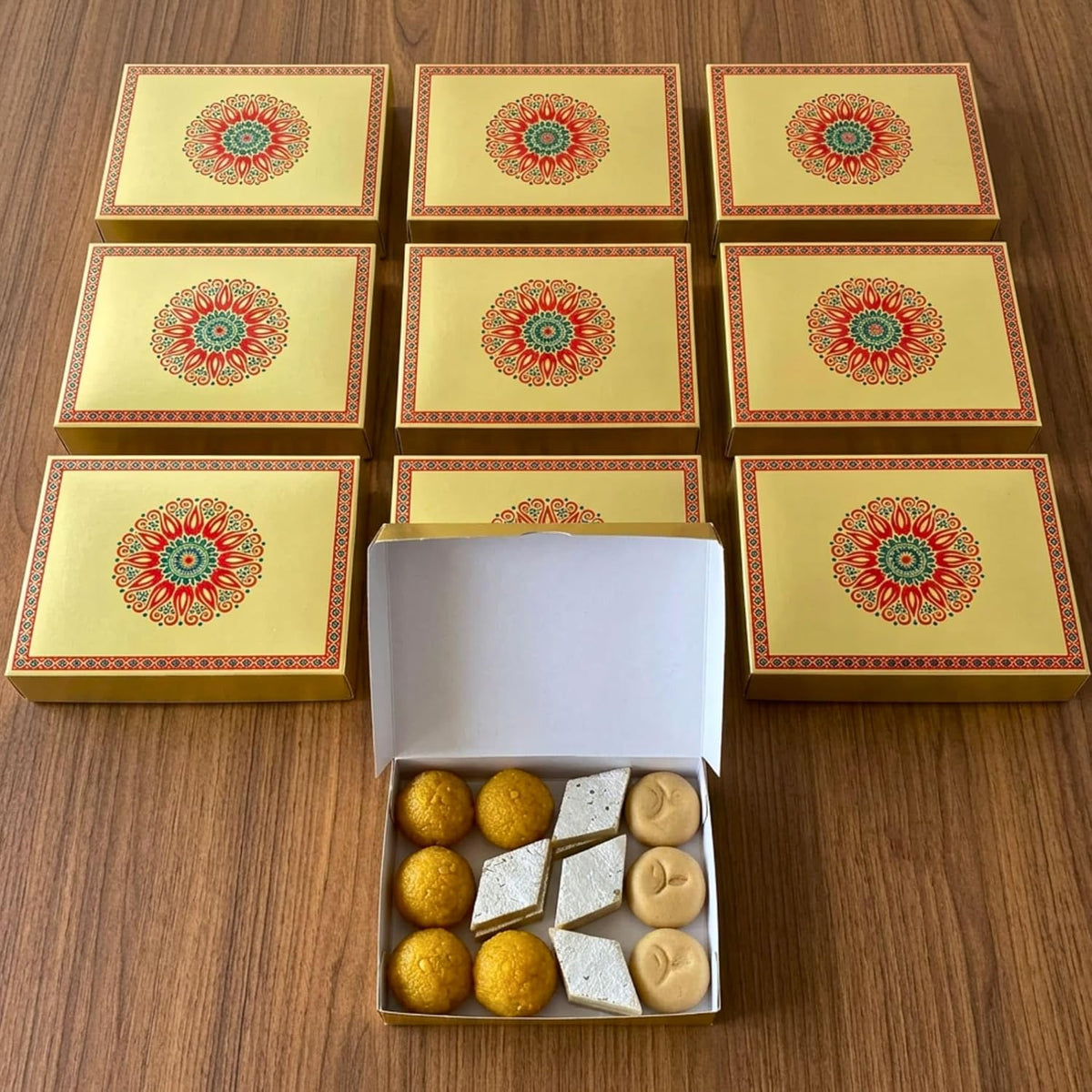 LOVENSPIRE Mandala Design Empty Sweet Boxes for Mithai, Ladoo, Cookies & Dry Fruits Treats – Small Cardboard Containers for Wedding, Pooja, Housewarming, & Indian Return Gift Packaging 1Kg (10 Pcs)