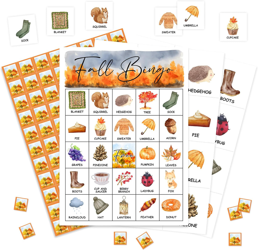 Fall Bingo Game, Thanksgiving Bingo Cards Set, Autumn Birthday Party Supplies for Adults, Family Friends Activities Favors Decorations for 24 Players, 01