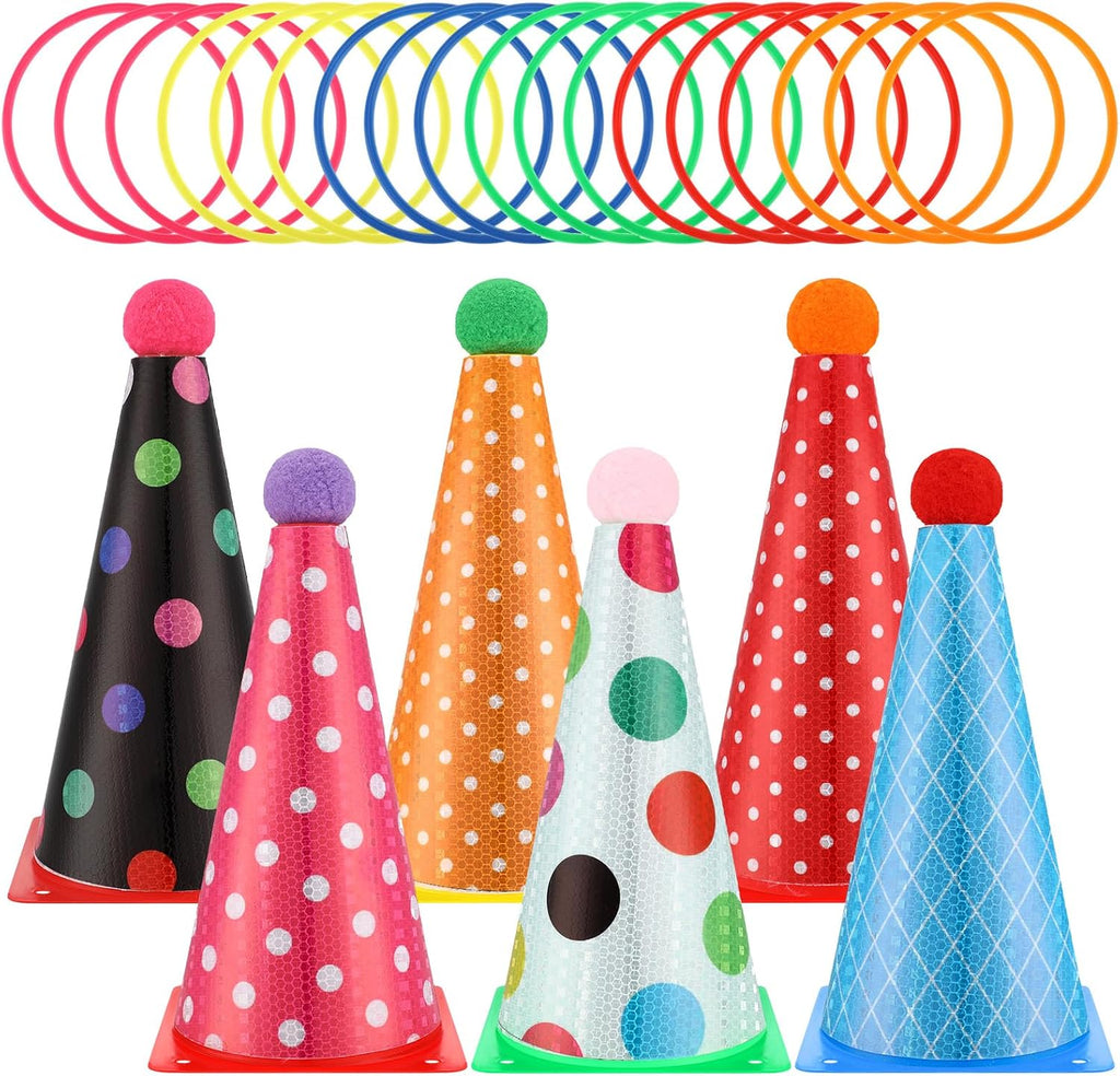 Seenelling 24 Pcs Plastic Ring Toss Game, Birthday Party Game 6 Birthday Hat Cones and 18 Colorful Rings Outdoor Sport Toss Toys Backyard Lawn Cone and Ring for Family Party Activities