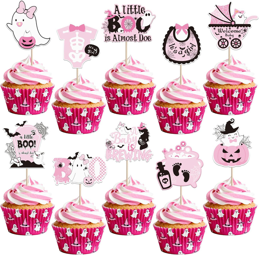 40 PCS Baby Shower Halloween Cupcake Toppers Ghost Bat A Baby is Brewing Cupcake Picks A Little Boo is Almost Doe It's a Girl Cake Decorations for Halloween Theme Girls Birthday Party Supplies Pink