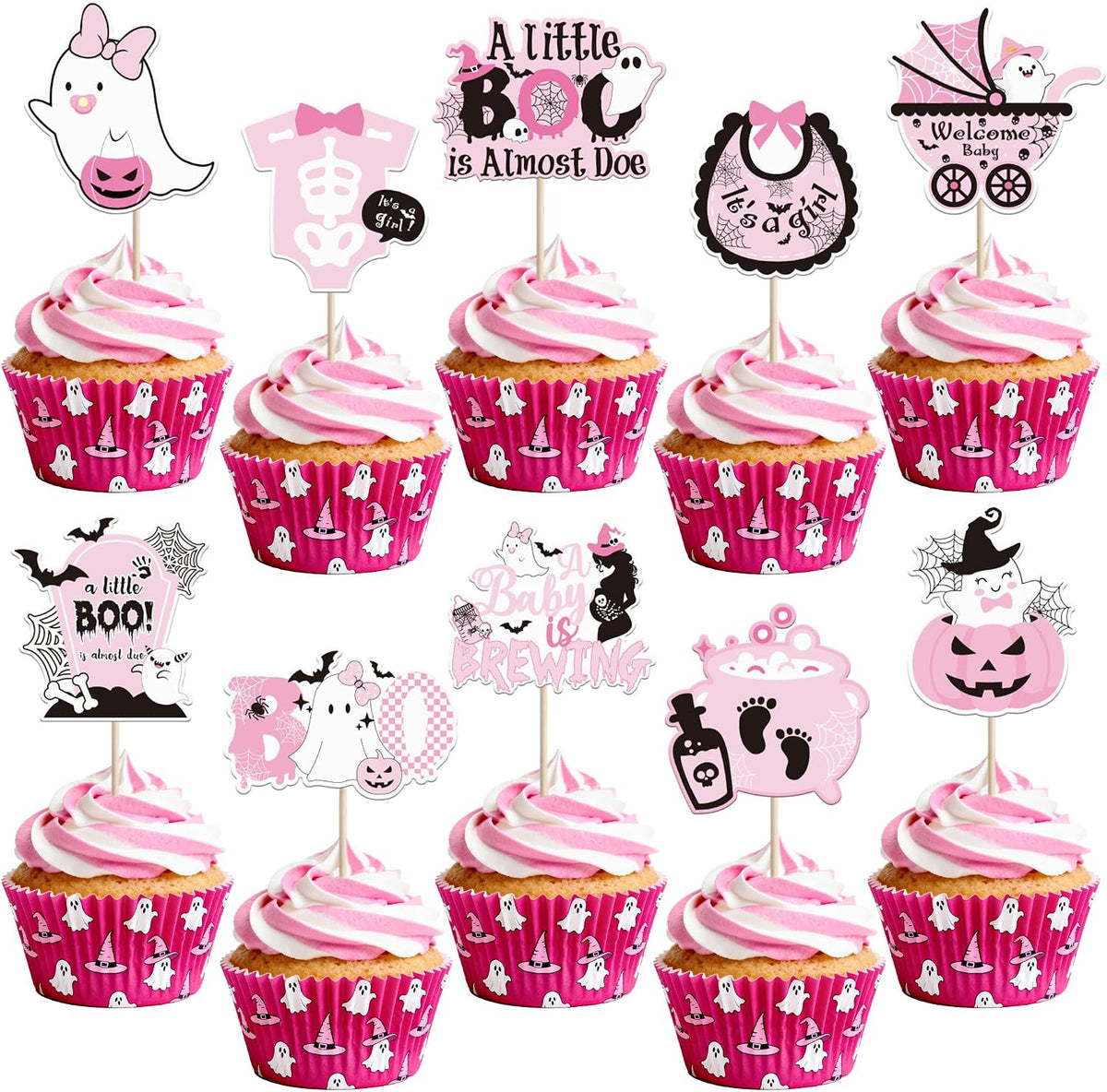 40 PCS Baby Shower Halloween Cupcake Toppers Ghost Bat A Baby is Brewing Cupcake Picks A Little Boo is Almost Doe It's a Girl Cake Decorations for Halloween Theme Girls Birthday Party Supplies Pink