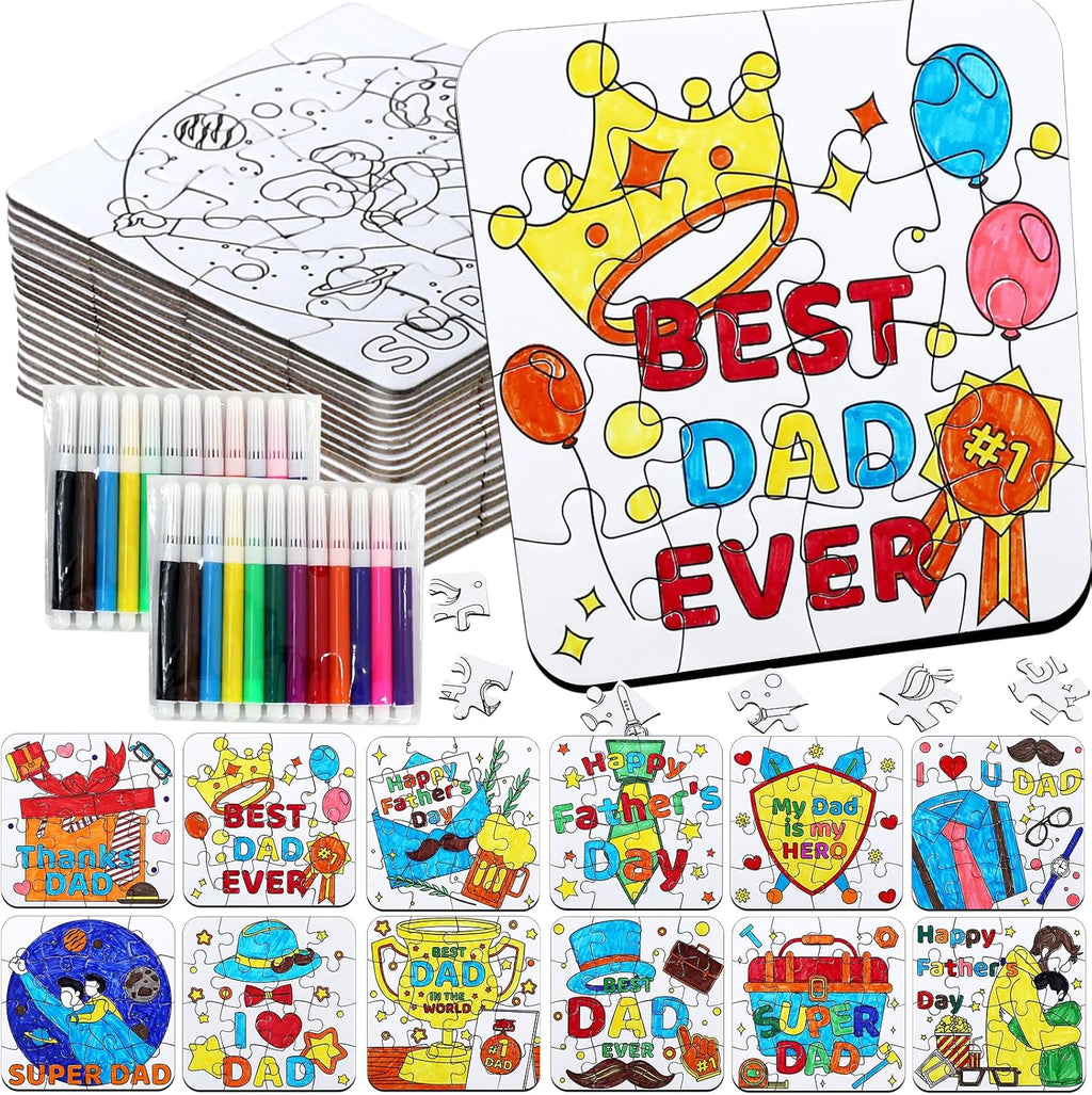 24 Set Fathers Day Crafts for Kids Classroom Bulk, Father's Day Arts DIY Jigsaw Puzzle with Shirt Hat Crown, Summer Camp Best Dad Activity Painting Kit for School Gifts Coloring Games Party Favors